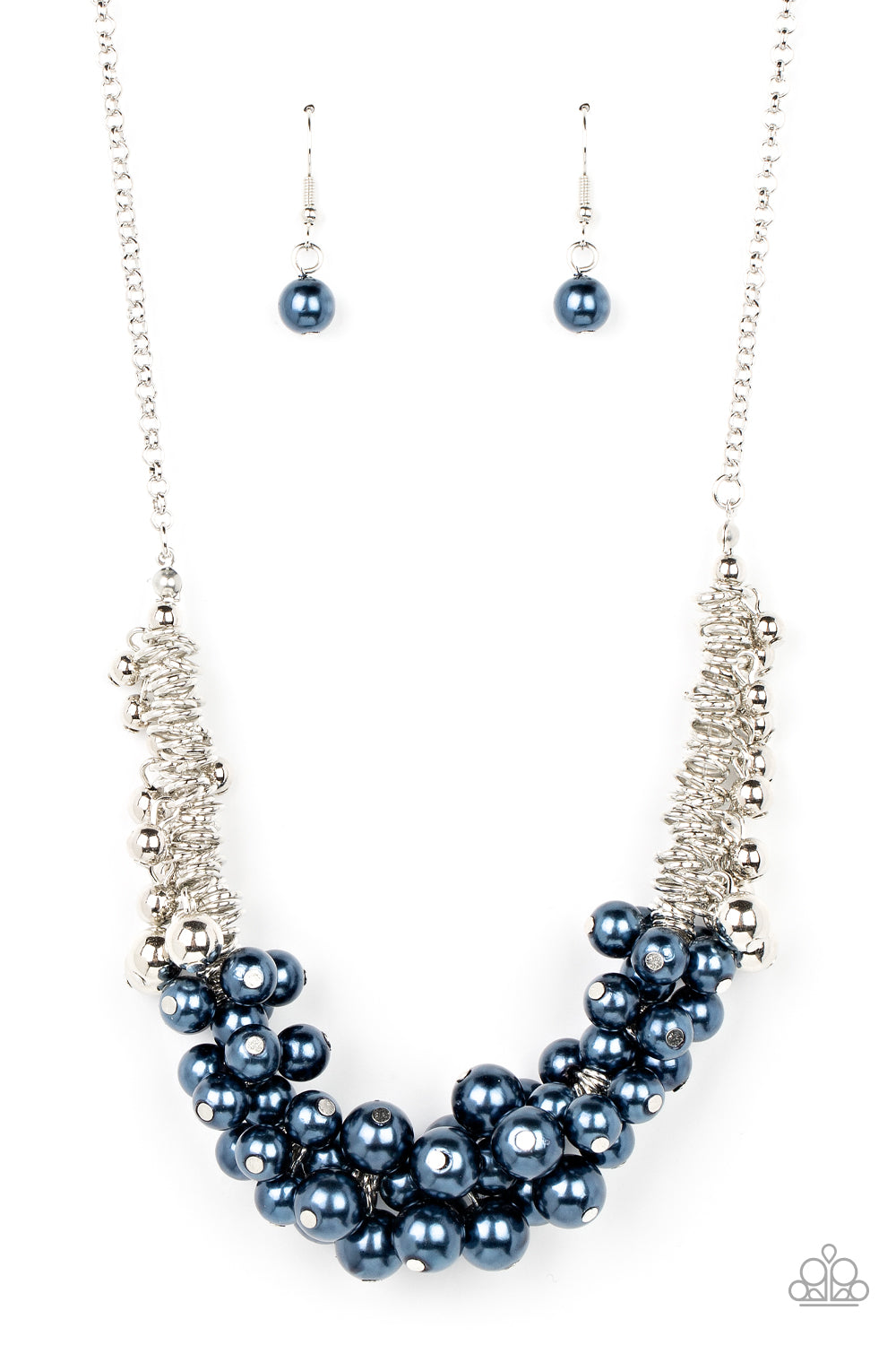 Paparazzi Accessories - Bonus Points - Blue Necklace a bubbly cluster of blue pearls are bunched together between hanging silver beads that dangle between jampacked rows of silver rings, resulting in exaggerated effervescence below the collar. Features an adjustable clasp closure.  Sold as one individual necklace. Includes one pair of matching earrings.