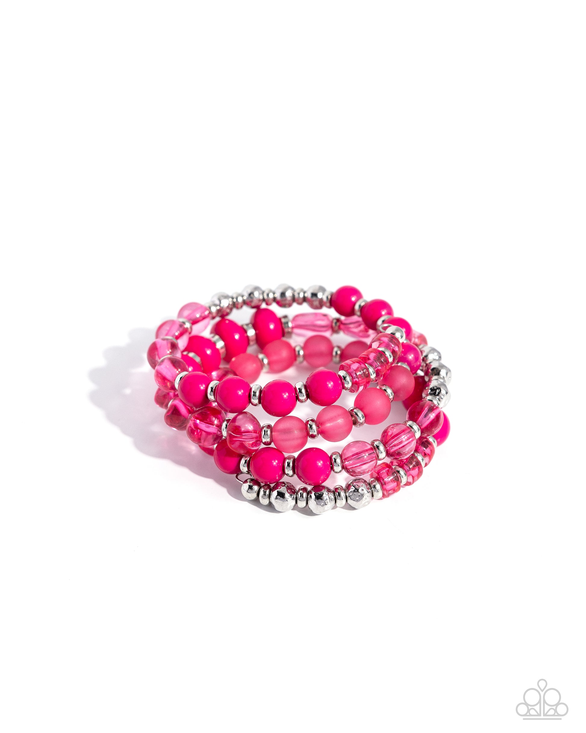 <p>Paparazzi Accessories - Colorful Charade - Pink Bracelets Infused with mismatched silver accents, a bubbly assortment of glassy, opaque, and acrylic pink beads are threaded along a coiled wire around the wrist, creating a vivacious infinity wrap bracelet.</p> <p><i>Sold as one individual bracelet.</i></p>