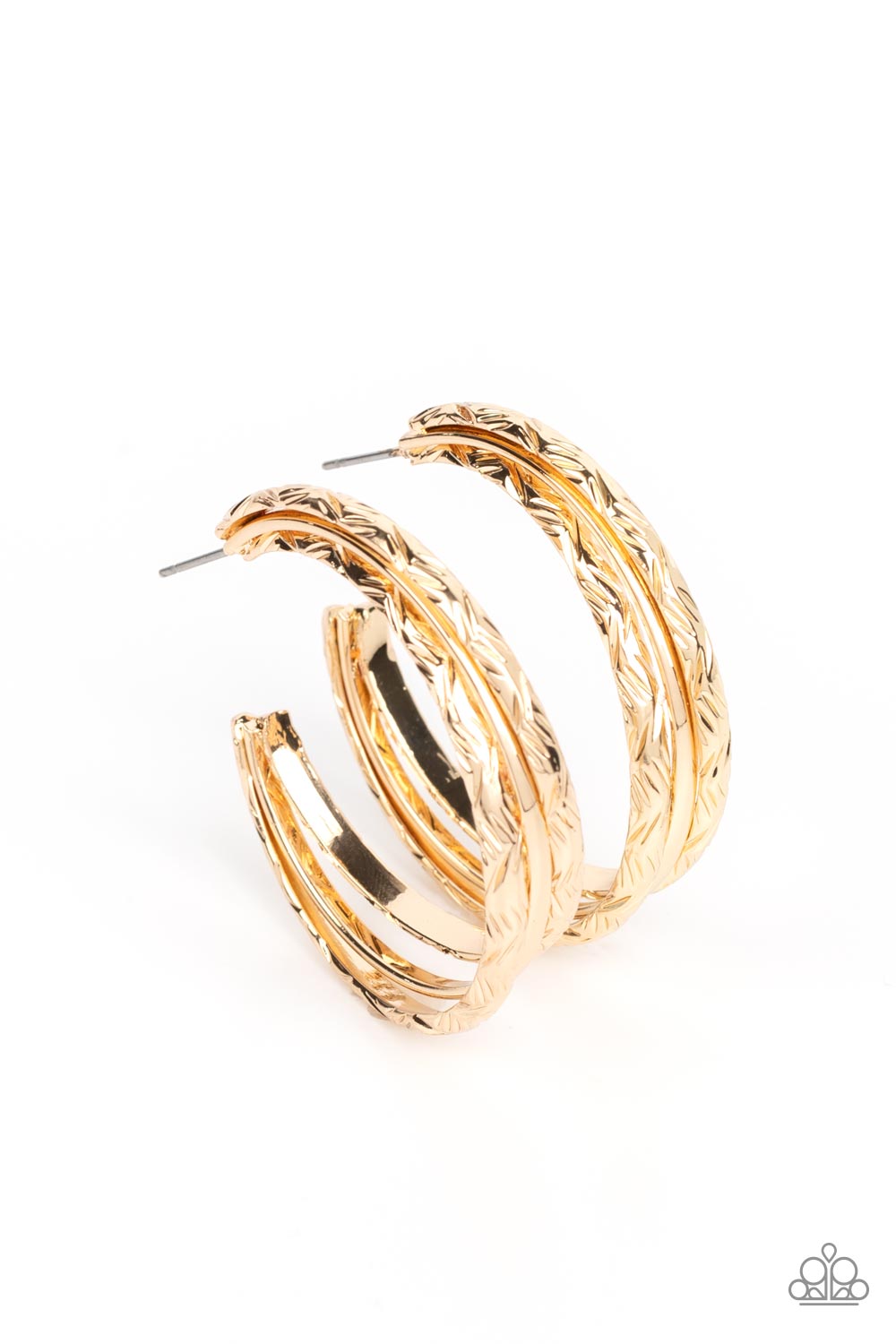 Paparazzi Accessories - CONTOUR de Force - Gold Hoop Earrings stamped in zigzagging textures, two textured gold bars flank a smooth gold bar as they curve into a layered hoop. Earring attaches to a standard post fitting. Hoop measures approximately 1 3/4" in diameter.  Sold as one pair of hoop earrings.