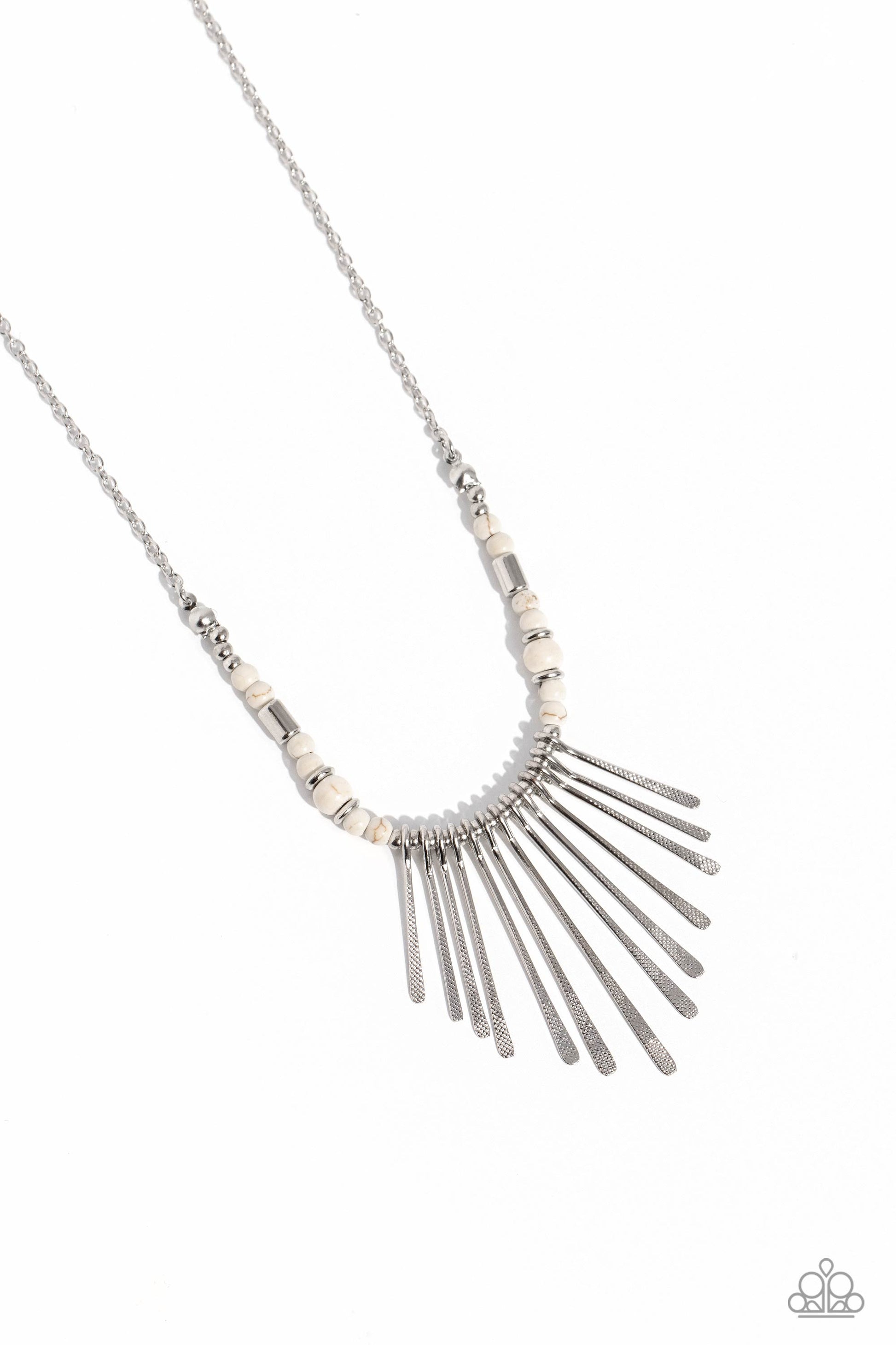 Paparazzi Accessories - CLAWS of Nature - White Necklaces hammered in a dotted motif, a dainty row of silver rods shimmers along an invisible wire dotted in dainty silver and white stone beads. Attached to a dainty silver chain, the tapered fringe flares out below the collar, resulting in an earthy edge. Features an adjustable clasp closure.  Sold as one individual necklace. Includes one pair of matching earrings.