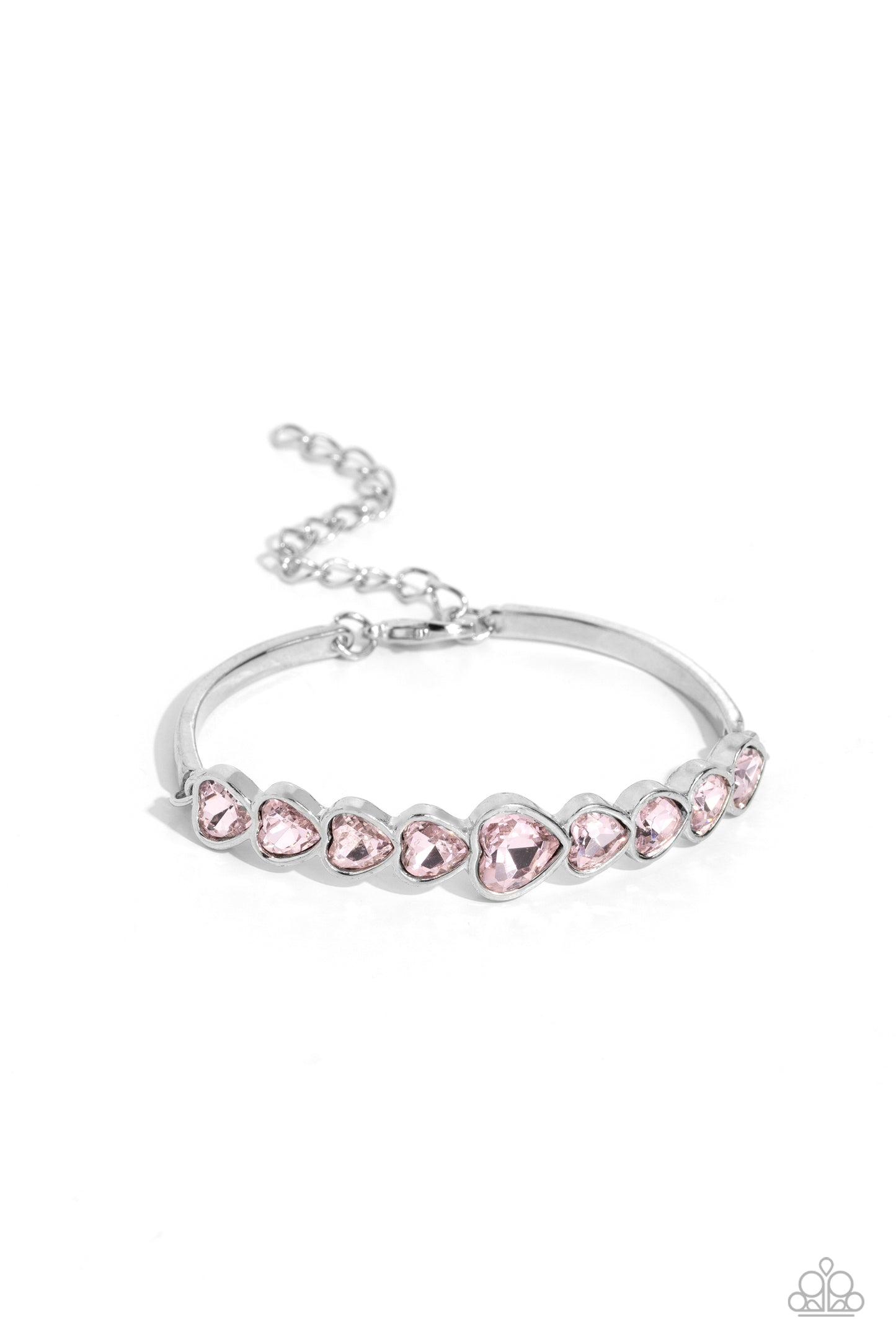 Paparazzi Accessories - Lusty Luster - Pink Heart Bracelets attached to silver bars, a sparkling series of heart cut Gossamer Pink gems are encased in glistening silver frames that curve into a flirtatious centerpiece atop the wrist. Features an adjustable clasp closure.  Sold as one individual bracelet.
