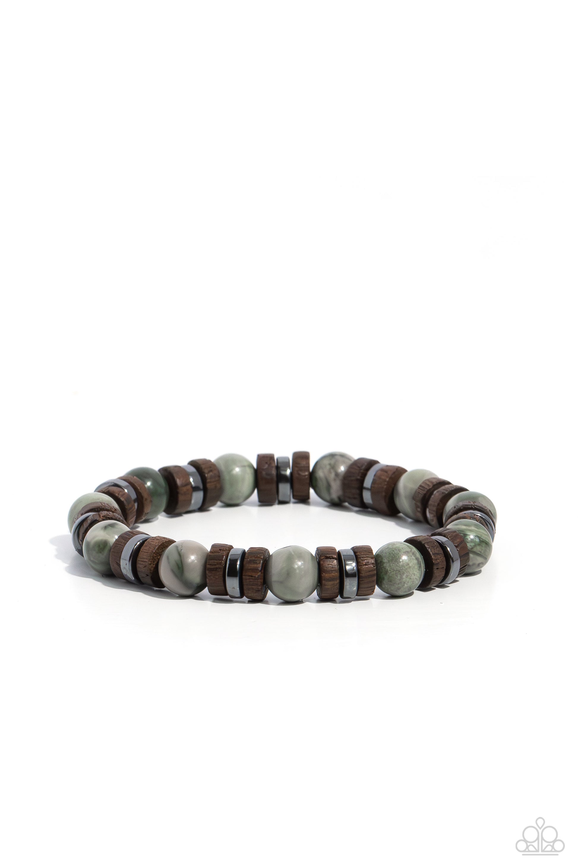 Paparazzi Accessories- Earthy Empath - Green Urban Bracelets a mismatched assortment of green stone beads, brown wooden discs, and gunmetal accents are threaded along stretchy bands around the wrist for an earthy edge. As the stone elements in this piece are natural, some color variation is normal.  Sold as one individual bracelet.