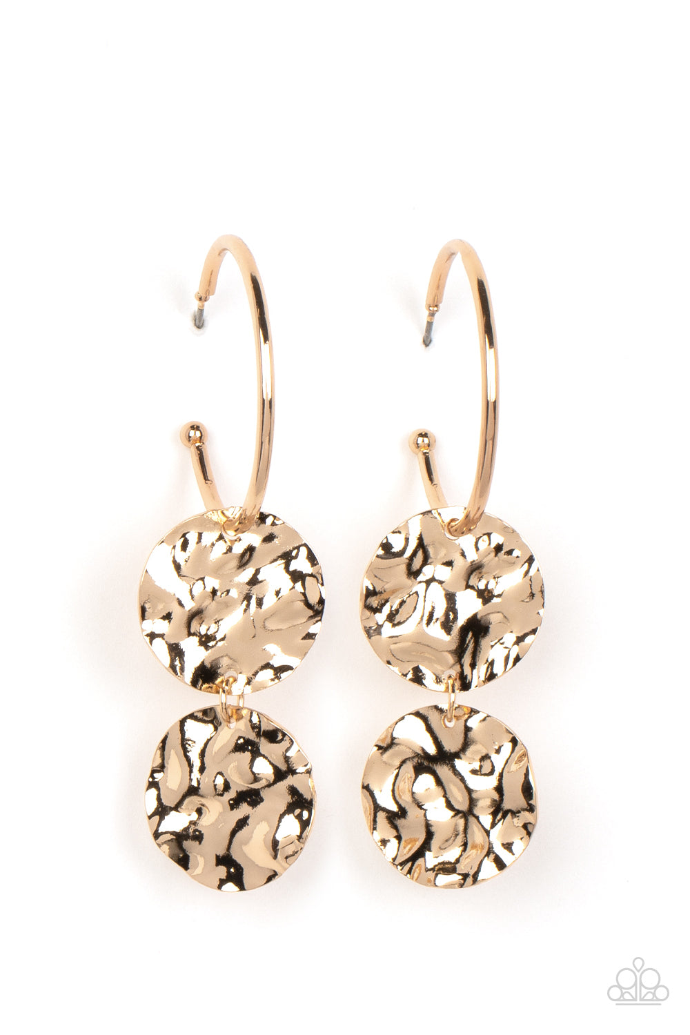 Paparazzi Accessories - Sending Shock Waves - Gold Earrings a linked pair of hammered gold discs glides along a classic gold hoop, adding an edgy twist to the timeless look. Earring attaches to a standard post fitting. Hoop measures approximately 1 1/4" in diameter.  Sold as one pair of hoop earrings.
