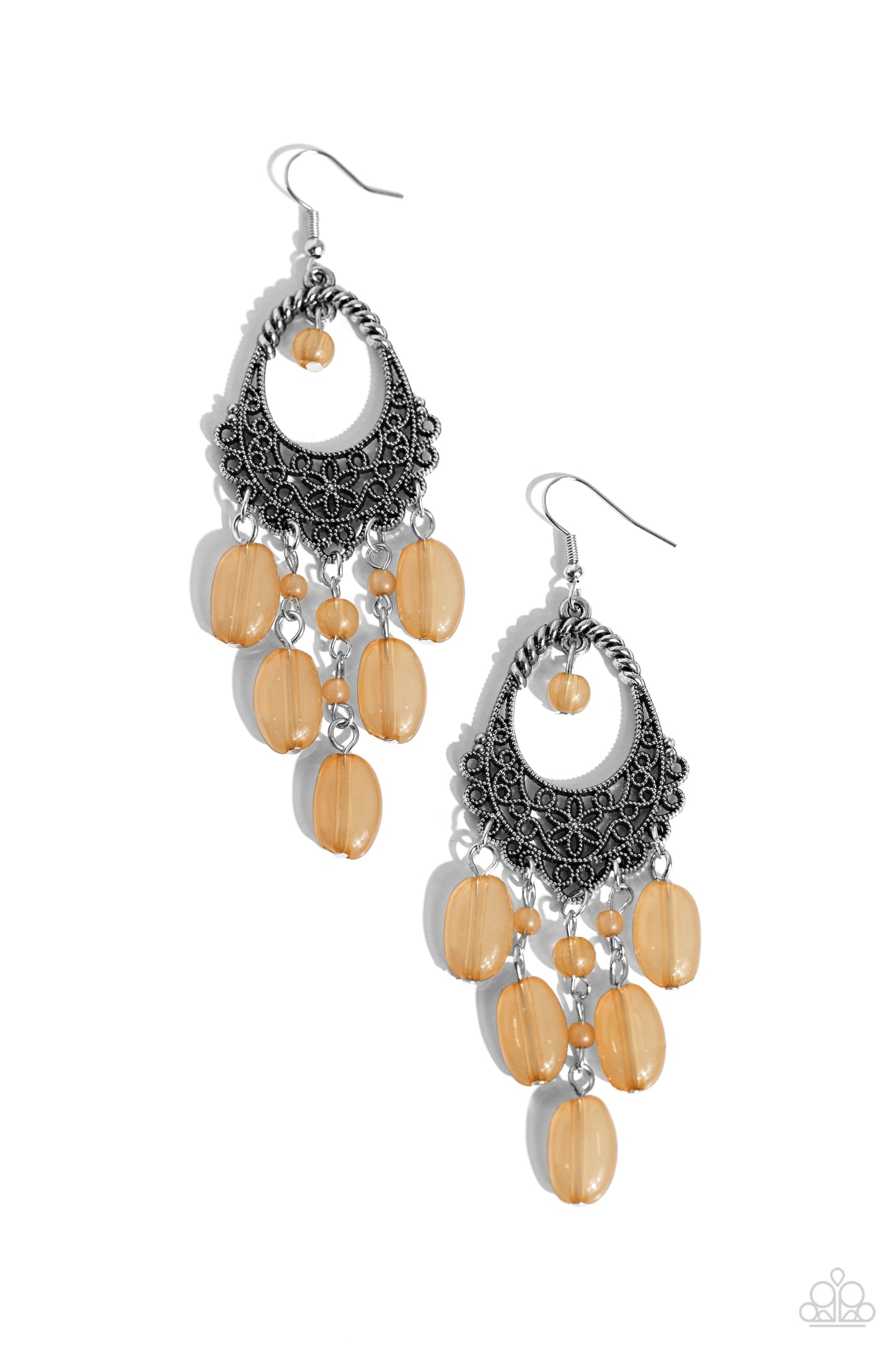 Paparazzi Accessories - Botanical Escape - Brown Earrings studded silver filigree vines across the bottom of a decorative teardrop frame, blooming into a whimsical floral pattern. A single brown bead swings from the top of the frame, colorfully complementing the round and oval beaded fringe dancing from the bottom of the display. Earring attaches to a standard fishhook fitting. Featured inside The Preview at Made for More! Sold as one pair of earrings.