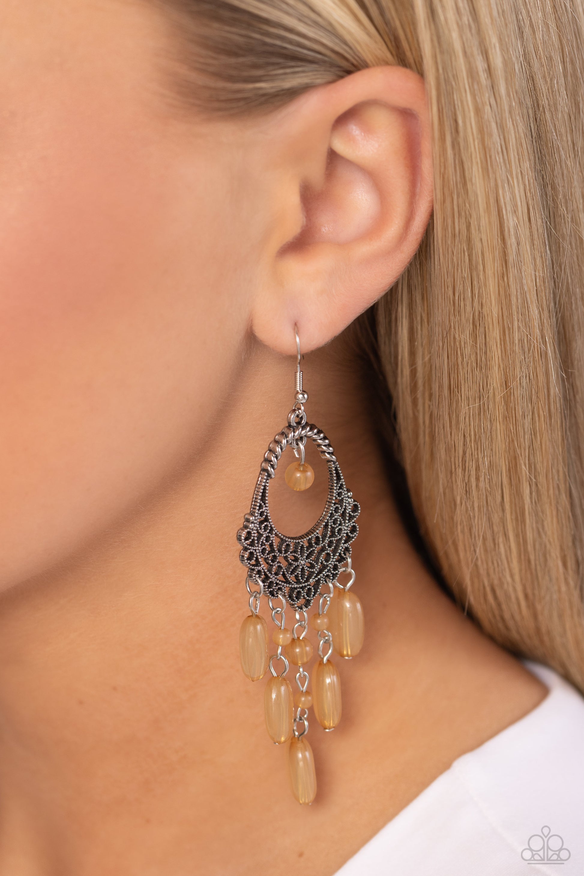 Paparazzi Accessories - Botanical Escape - Brown Earrings studded silver filigree vines across the bottom of a decorative teardrop frame, blooming into a whimsical floral pattern. A single brown bead swings from the top of the frame, colorfully complementing the round and oval beaded fringe dancing from the bottom of the display. Earring attaches to a standard fishhook fitting. Featured inside The Preview at Made for More! Sold as one pair of earrings.