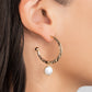 Paparazzi Accessories - Glam Overboard - Gold Hoop Earrings an imperfect white pearl glides along a hammered gold hoop, creating a timeless twist. Earring attaches to a standard post fitting. Hoop measures approximately 1" in diameter.  Sold as one pair of hoop earrings.  