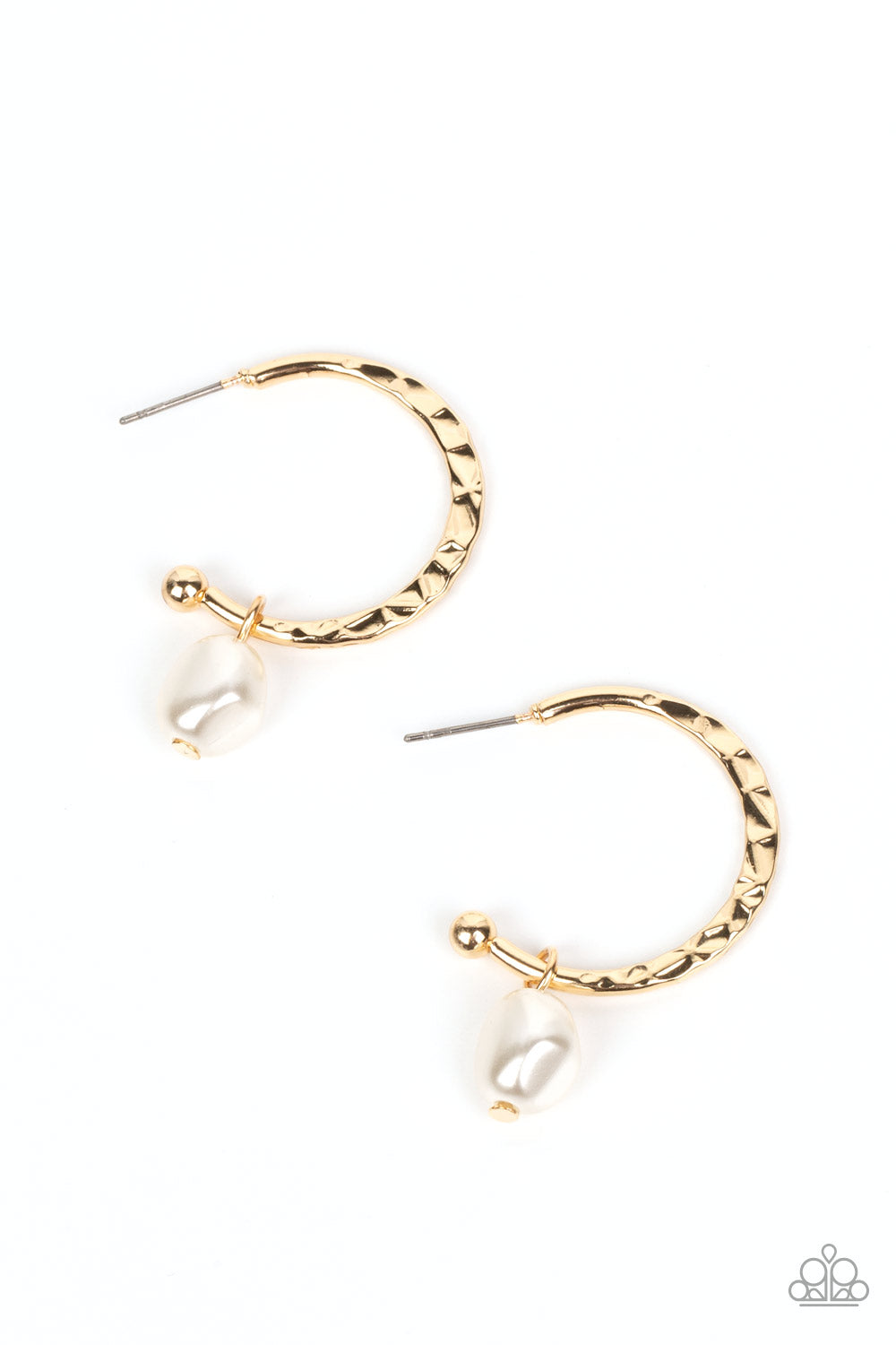 Paparazzi Accessories - Glam Overboard - Gold Hoop Earrings an imperfect white pearl glides along a hammered gold hoop, creating a timeless twist. Earring attaches to a standard post fitting. Hoop measures approximately 1" in diameter.  Sold as one pair of hoop earrings. 