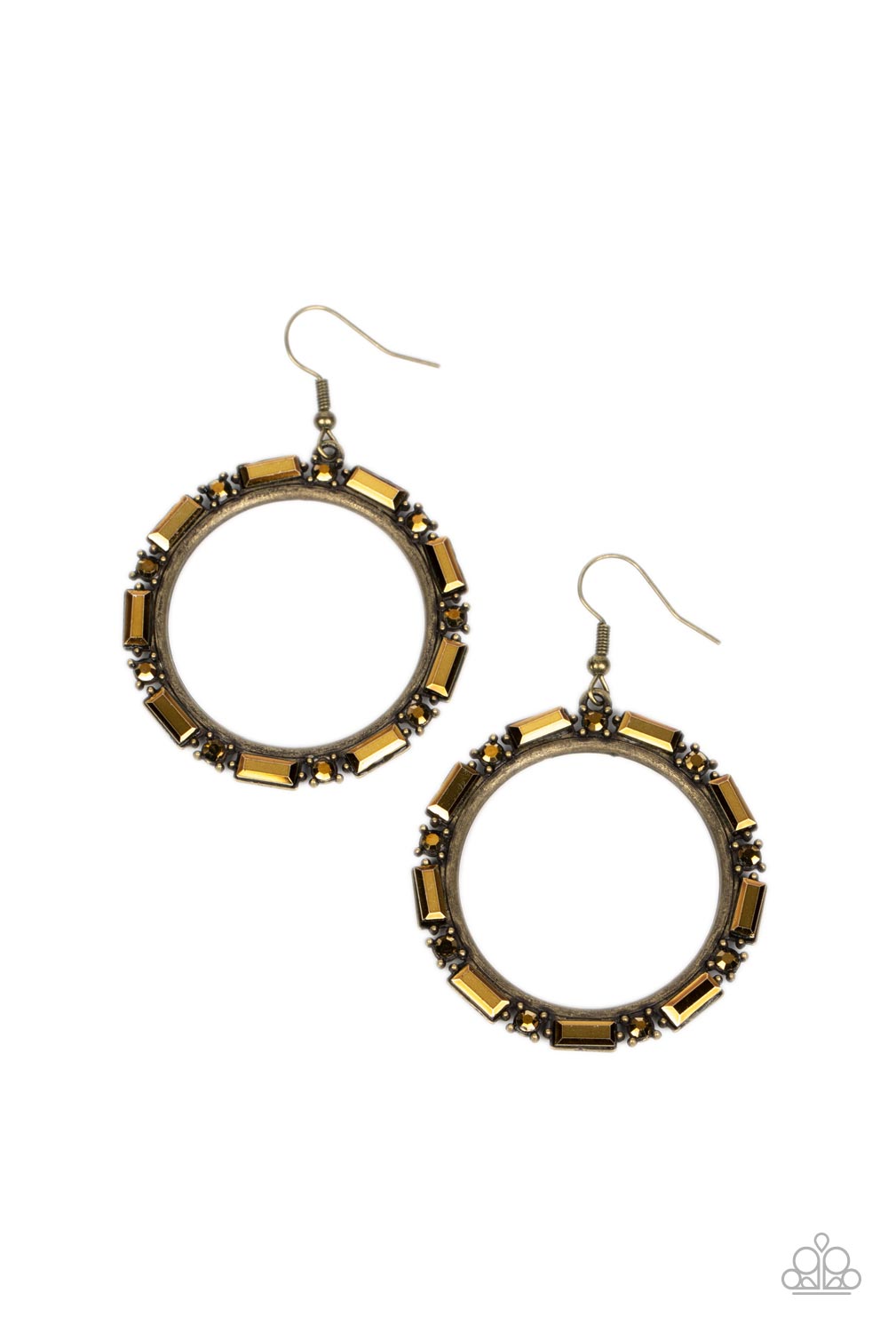 Paparazzi Accessories - Gritty Glow - Brass Earrings a gritty collection of round and emerald cut aurum rhinestones smolders along the outside rim of an antiqued brass hoop, resulting in an edgy centerpiece. Earring attaches to a standard fishhook fitting.  Sold as one pair of earrings.