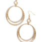 Paparazzi Accessories - Spin Your HEELS - Gold Earrings dainty white rhinestones sparkle along the bottoms of a hammered gold hoop that splits into glistening layers, creating a glamorous effect. Earring attaches to a standard fishhook fitting.  Sold as one pair of earrings.