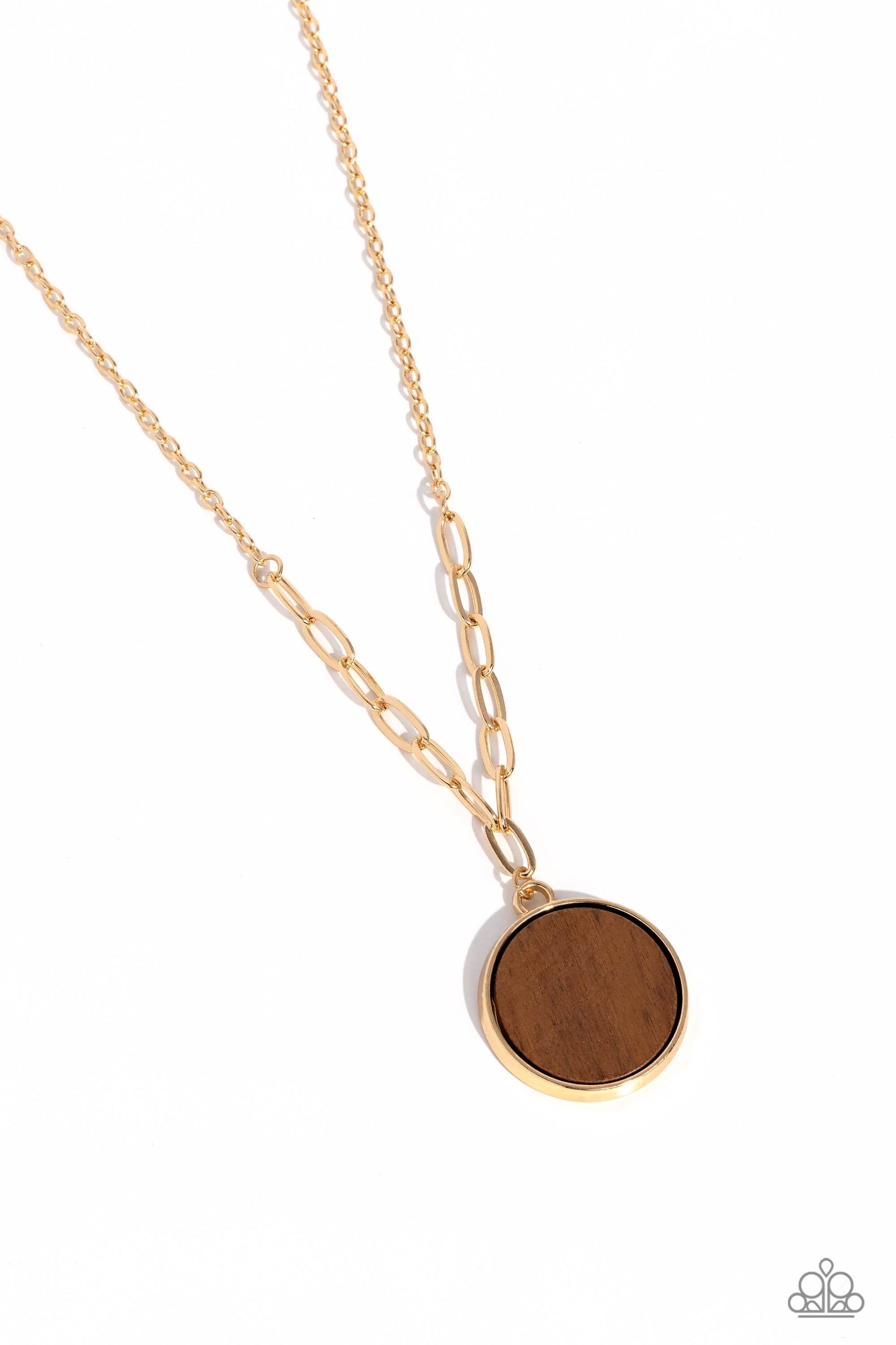 Paparazzi Accessories - WOODnt Dream of It - Gold Necklaces a circular piece of wood is nestled inside a simple gold fitting along a mismatched gold chain, creating an earthy pendant below the collar. Features an adjustable clasp closure.  Sold as one individual necklace. Includes one pair of matching earrings.
