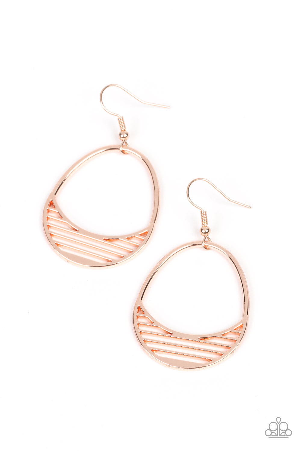 Paparazzi Accessories - Segmented Shimmer - Rose Gold Earrings layers of shiny rose gold bars create shafts of light at the bottom of an airy oval frame, creating segments of shimmer. Earring attaches to a standard fishhook fitting.  Sold as one pair of earrings.