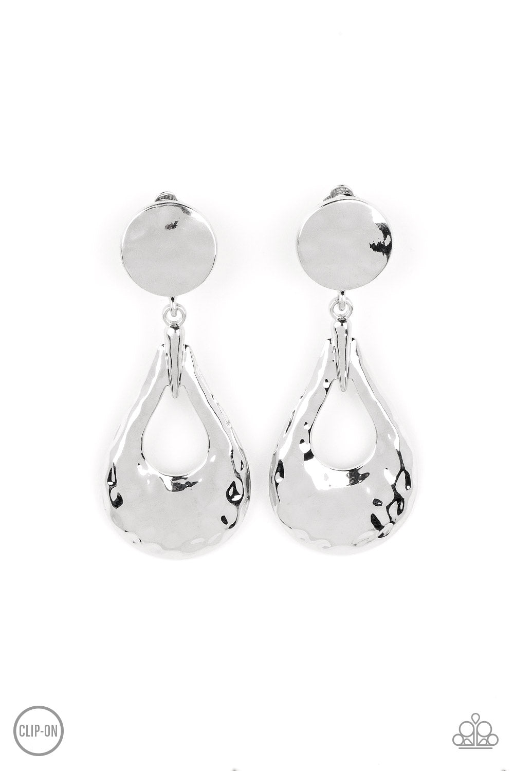 Paparazzi Accessories - Metallic Magic - Silver Clip-On Earrings a hammered silver teardrop swings from the bottom of a hammered silver disc, resulting in monochromatic magic. Earring attaches to a standard clip-on fitting.