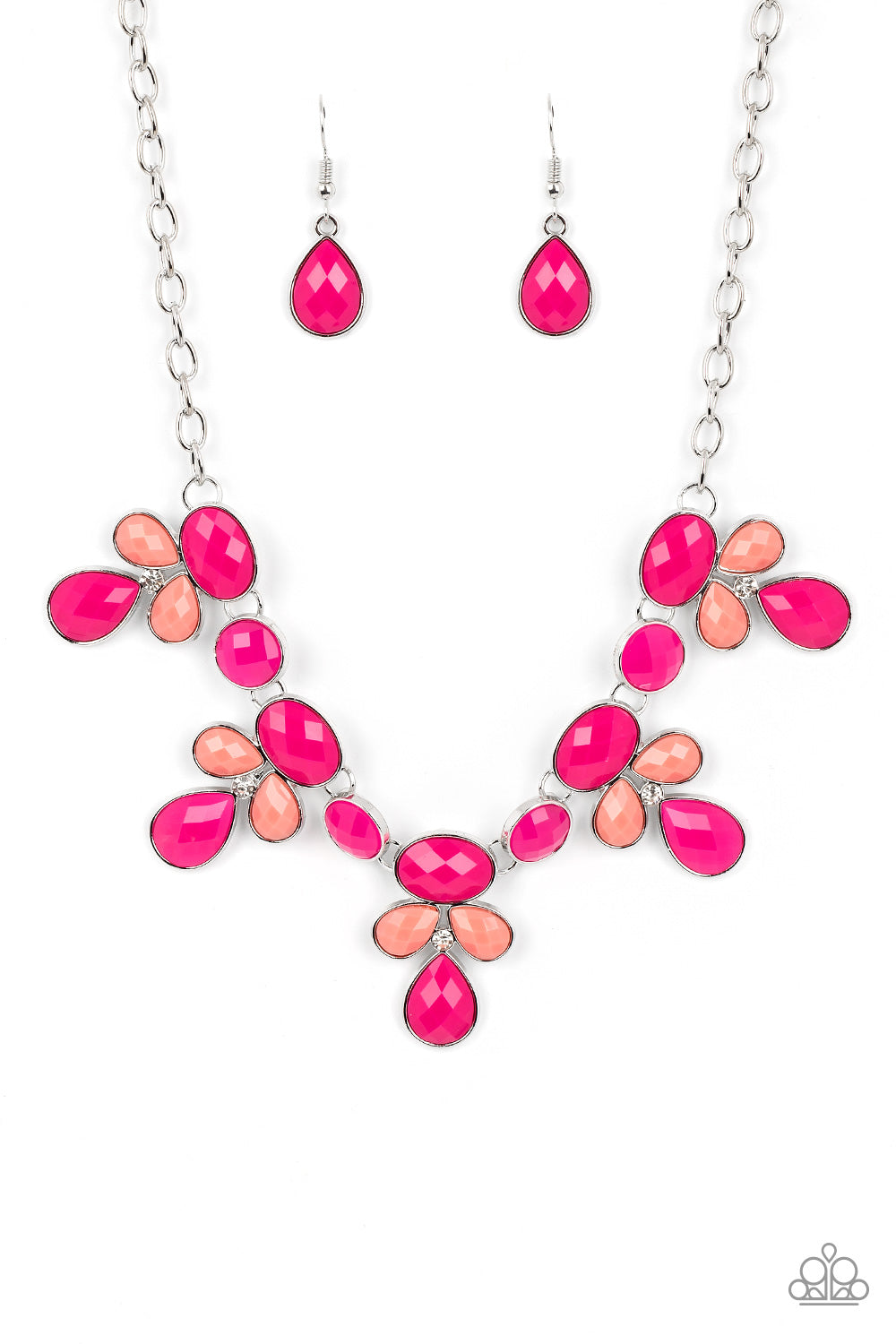 Paparazzi Accessories - Midsummer Meadow - Pink Necklaces featuring dizzying faceted finishes, a collection of oval, round, and teardrop shaped beads in vibrant shades of coral and Pink Peacock cluster into colorful frames around dainty white rhinestones. The whimsical frames connect below the collar, resulting in a summery pop of color. Features an adjustable clasp closure.  Sold as one individual necklace. Includes one pair of matching earrings.