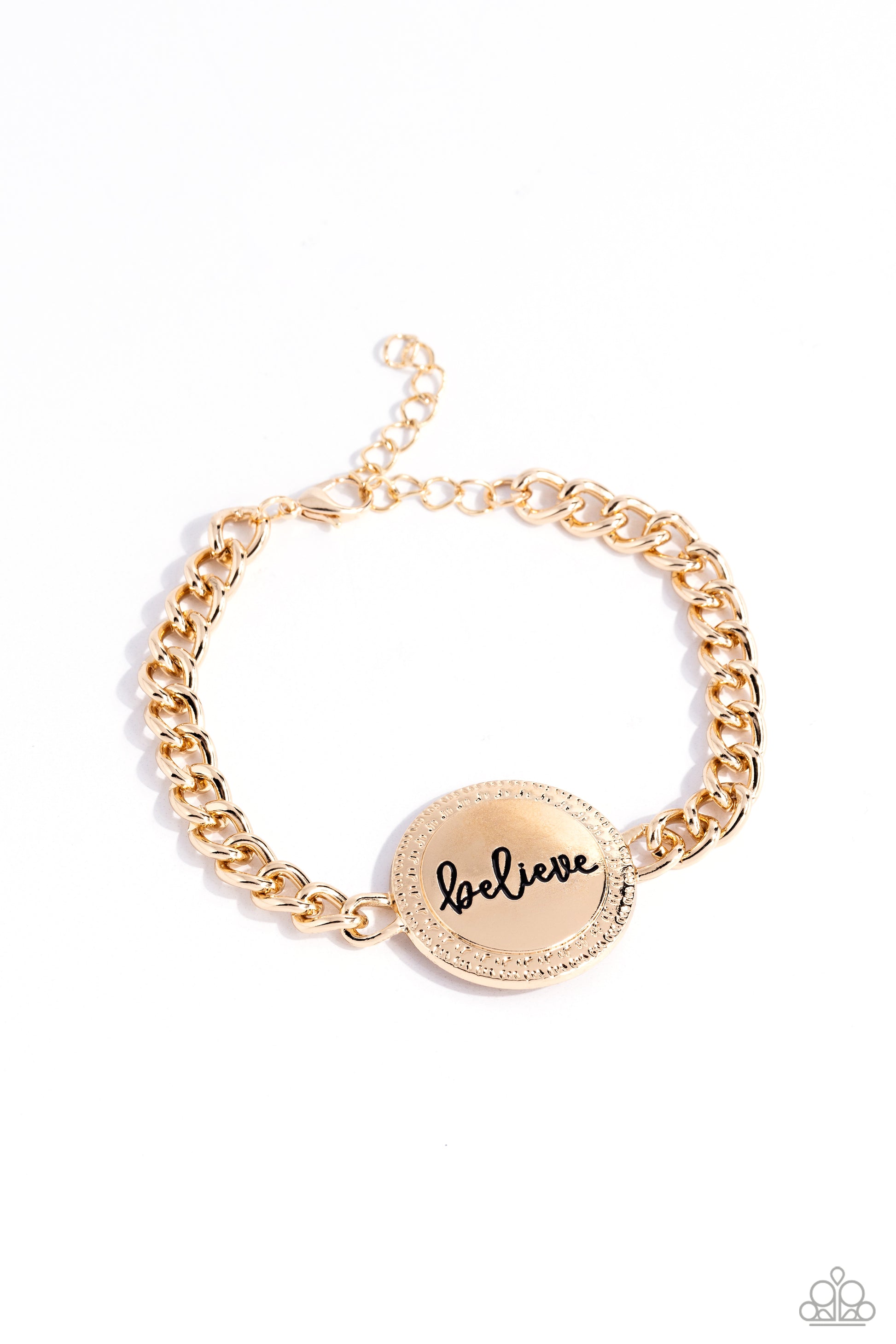 Paparazzi Accessories - Hope and Faith - Gold Bracelets a gold disc is anchored at the center of a thick gold chain that wraps around the wrist. The word "believe" is etched into the center of the gold disc in a fancy script as a textured border decorates the edge. Features an adjustable clasp closure.  Sold as one individual bracelet.