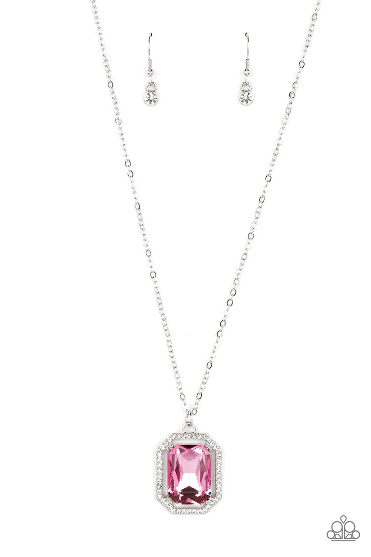 Paparazzi Accessories - Galloping Gala - Pink Necklacesaa dramatically oversized, emerald-cut pink gem shimmers as it swings from the bottom of a long silver chain. Dainty white rhinestones create an airy frame that wrap around the reflective centerpiece, scattering light in every direction in a blinding finish. Features an adjustable clasp closure.  Sold as one individual necklace. Includes one pair of matching earrings.