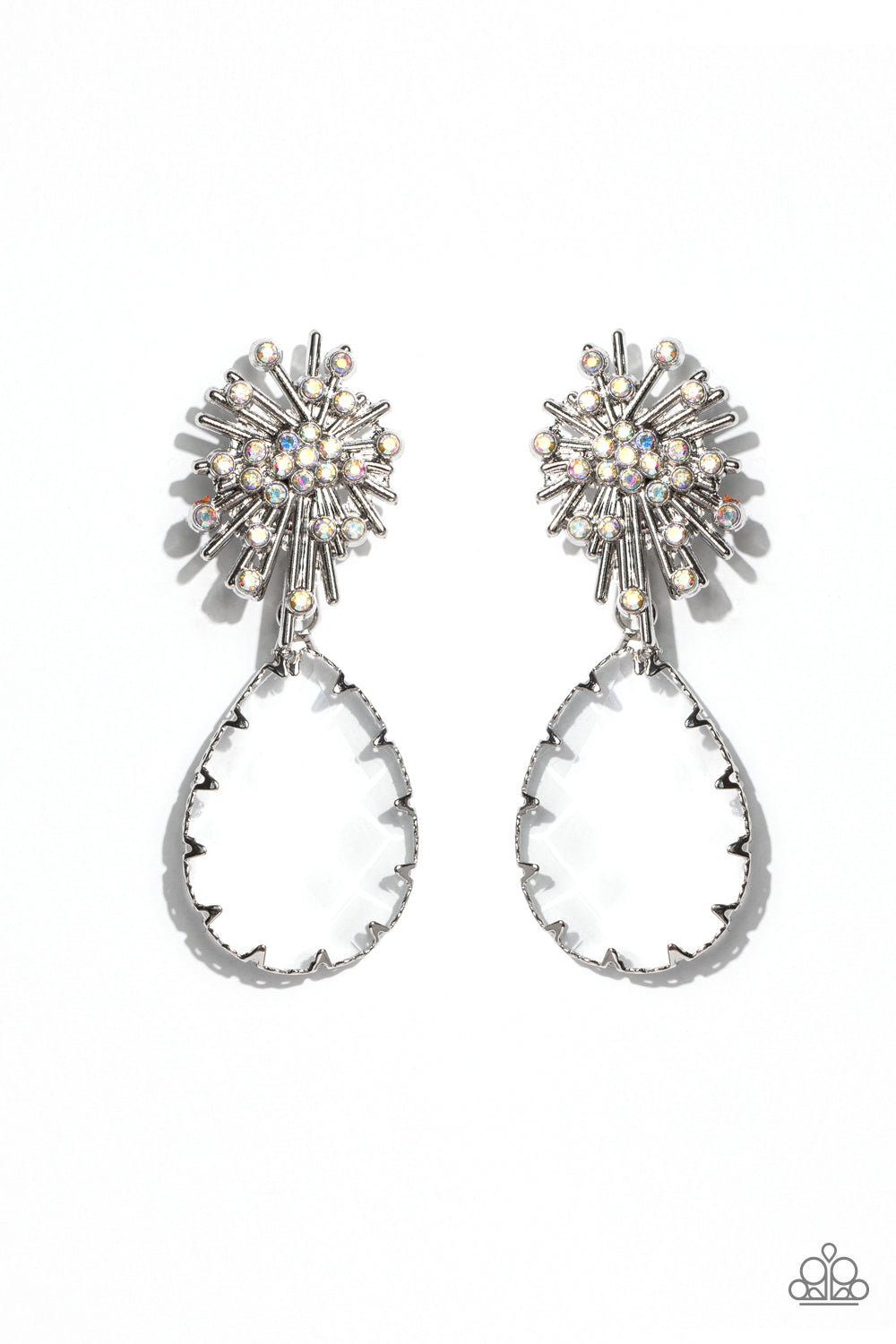 Paparazzi Accessories - Stellar Shooting Star - Multi Earrings an explosion of radiating silver bars is topped with a sprinkle of iridescent rhinestones, creating a stellar anchoring point. Swinging below the starburst, an oversized, clear teardrop with a light-catching, faceted surface is wrapped in a textured border of silver, adding stunning dimension and refinement to the cosmic combination. Earring attaches to a standard post fitting. Due to its prismatic palette, color may vary.