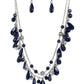 boisterous collection of blue teardrop and round beads, textured silver accents, and faceted blue crystal-like beads trickle from a double strand of silver chain, resulting in flirtatious layers down the neckline. Features an adjustable clasp closure. A dainty collection of blue teardrop and round beads, textured silver accents, and faceted blue crystal-like beads trickle from a single strand of silver chain, resulting in a cheekily clustered chandelier. Earring attaches to a standard fishhook fitting.