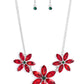 Paparazzi Accessories - Meadow Muse - Multi Necklaces Rich red marquise cut rhinestones gather into whimsical flowers dotted with brilliant emerald rhinestone centers. The sparkling red gems are set in pronged settings and connect to a dainty silver chain creating a fanciful display across the collar. Features an adjustable clasp closure. Sold as one individual necklace. Includes one pair of matching earrings.