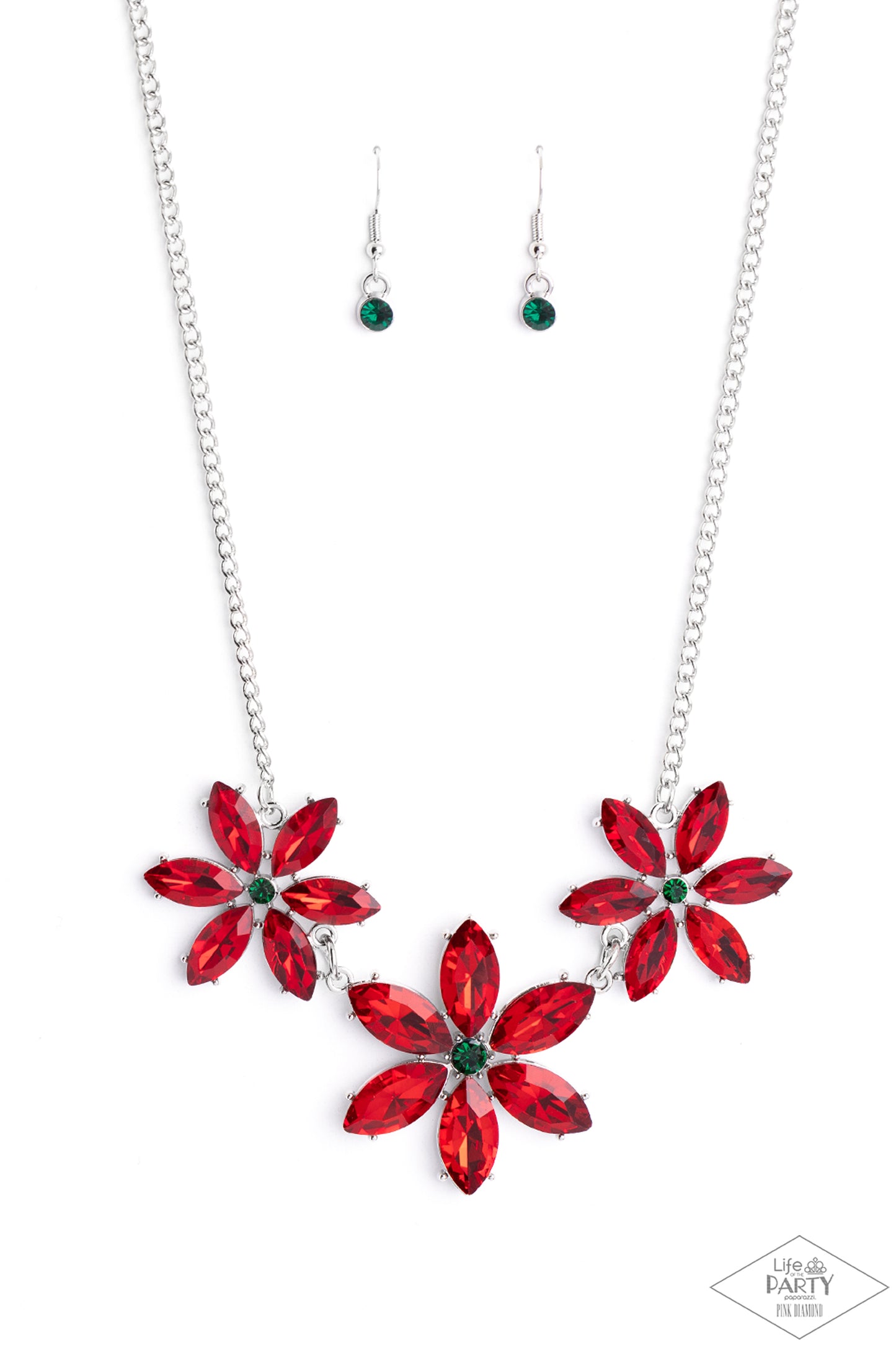Paparazzi Accessories - Meadow Muse - Multi Necklaces Rich red marquise cut rhinestones gather into whimsical flowers dotted with brilliant emerald rhinestone centers. The sparkling red gems are set in pronged settings and connect to a dainty silver chain creating a fanciful display across the collar. Features an adjustable clasp closure. Sold as one individual necklace. Includes one pair of matching earrings.