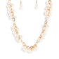 Paparazzi Accessories - Pearl Parlor - Gold Pearl Necklaces a cascade of classic white pearly beads dangle from a high-sheen gold, oval linked chain. The pearly beads cluster across the neckline, creating a refined pop of color. Features an adjustable clasp closure.  Sold as one individual necklace. Includes one pair of matching earrings.