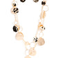 Paparazzi Accessories - Hammered Horizons - Gold Necklaces Infused along a double-stranded gold chain, smooth gold hoops and abstract, hammered gold discs fall down the neckline for an edgy, boisterous display. Features an adjustable clasp closure.  Sold as one individual necklace. Includes one pair of matching.
