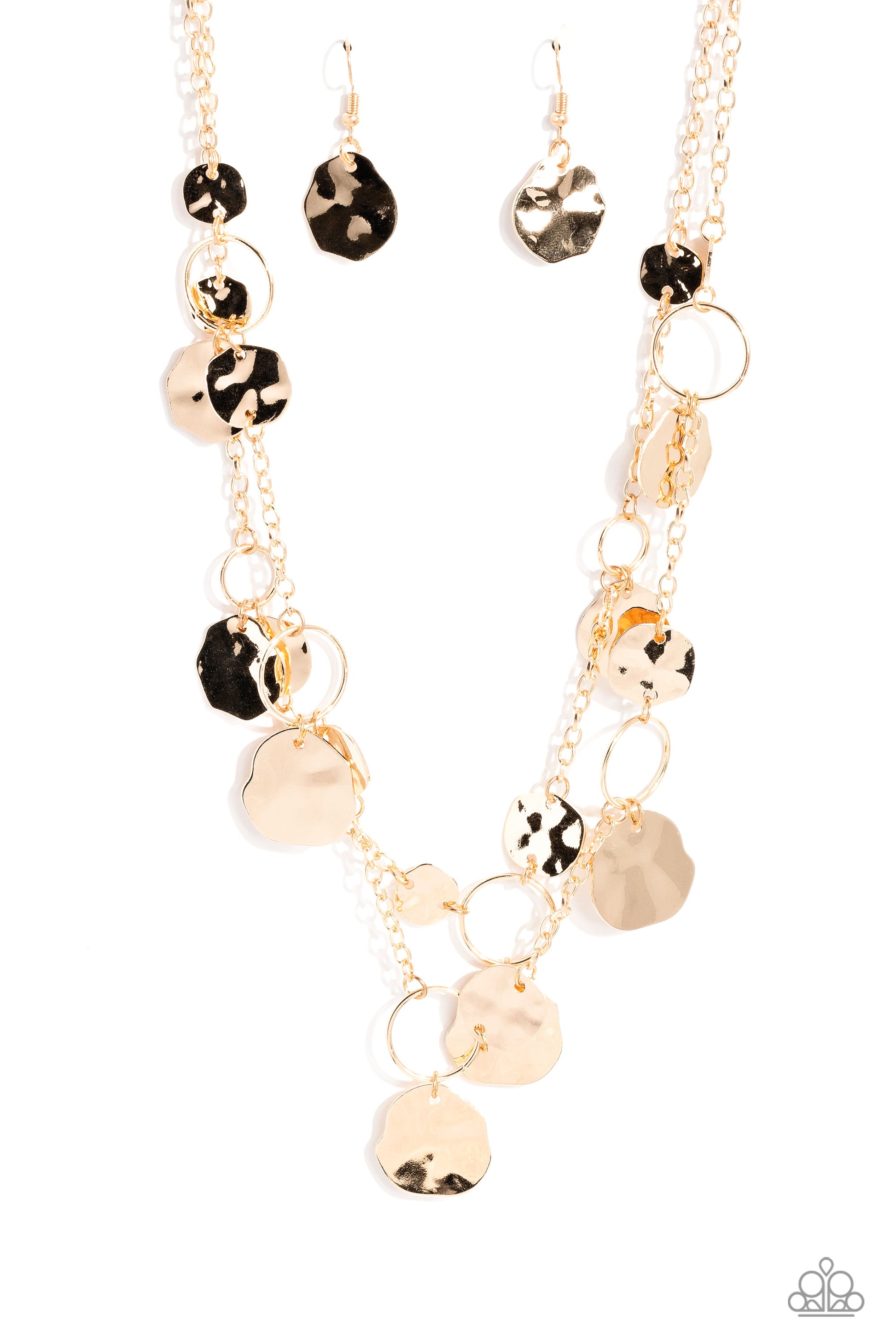 Paparazzi Accessories - Hammered Horizons - Gold Necklaces Infused along a double-stranded gold chain, smooth gold hoops and abstract, hammered gold discs fall down the neckline for an edgy, boisterous display. Features an adjustable clasp closure.  Sold as one individual necklace. Includes one pair of matching.