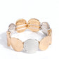 Paparazzi Accessories - Rippling Record - Multi Bracelets a hammered collection of asymmetrical silver and gold discs are threaded along stretchy bands around the wrist for a refined flair. The silver discs feature a rippling hammered effect, while the gold discs feature a more subtle hammered effect, creating a fashionable contrast amidst the different colors.  Sold as one individual bracelet.