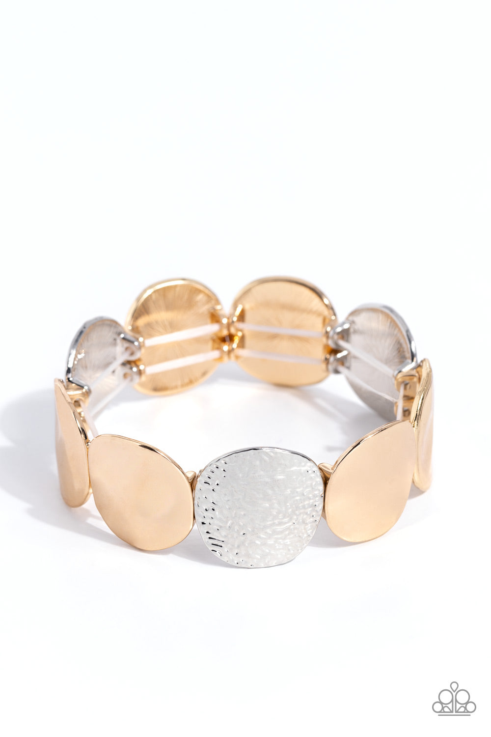 Paparazzi Accessories - Rippling Record - Multi Bracelets a hammered collection of asymmetrical silver and gold discs are threaded along stretchy bands around the wrist for a refined flair. The silver discs feature a rippling hammered effect, while the gold discs feature a more subtle hammered effect, creating a fashionable contrast amidst the different colors.  Sold as one individual bracelet.