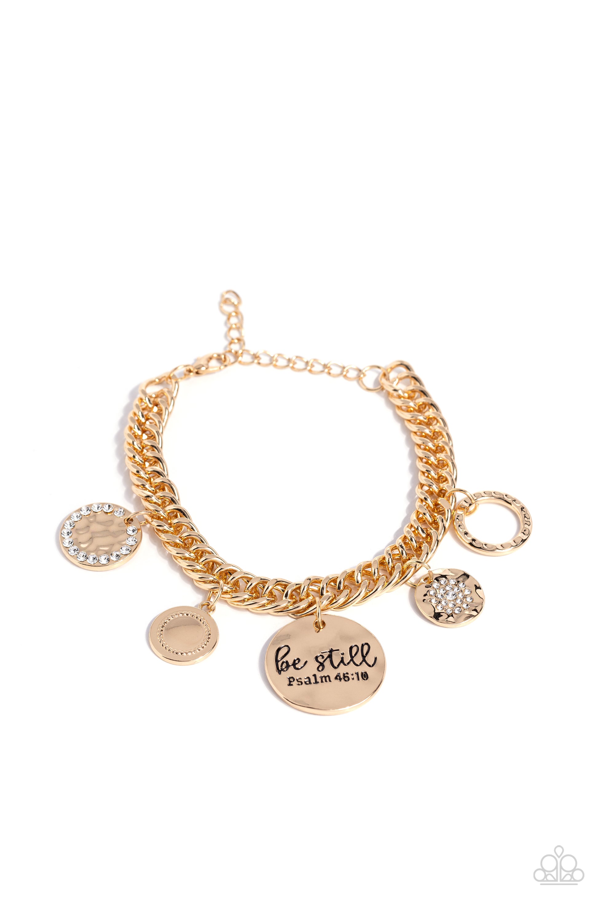 Paparazzi Accessories - Glitter and Grace - Gold Inspirational Braceleadgliding from a thick gold curb chain, a collection of refined charms adds some texture and shimmer to this monochromatic mash-up. An oversized, hammered disc is stamped with the phrase "be still" with the scripture reference "Psalm 46:10" listed underneath it. A smaller, hammered disc with a sprinkle of white rhinestones in its center and a gold disc featuring a scalloped ring in its center glide next to the oversized gold disc