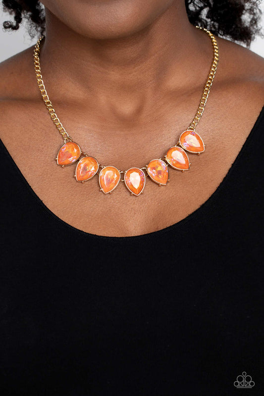 Paparazzi Accessories - FLIRTY Dancing - Orange Necklaces gliding down a classic gold chain, a twinkling collection of gold-pronged, orange, reflective, upside down teardrops glitter down the chest. The sparkly and sharp display fearlessly dances to its own beat, creating a flirtatiously fierce fringe. Features an adjustable clasp closure.  Sold as one individual necklace. Includes one pair of matching earrings.