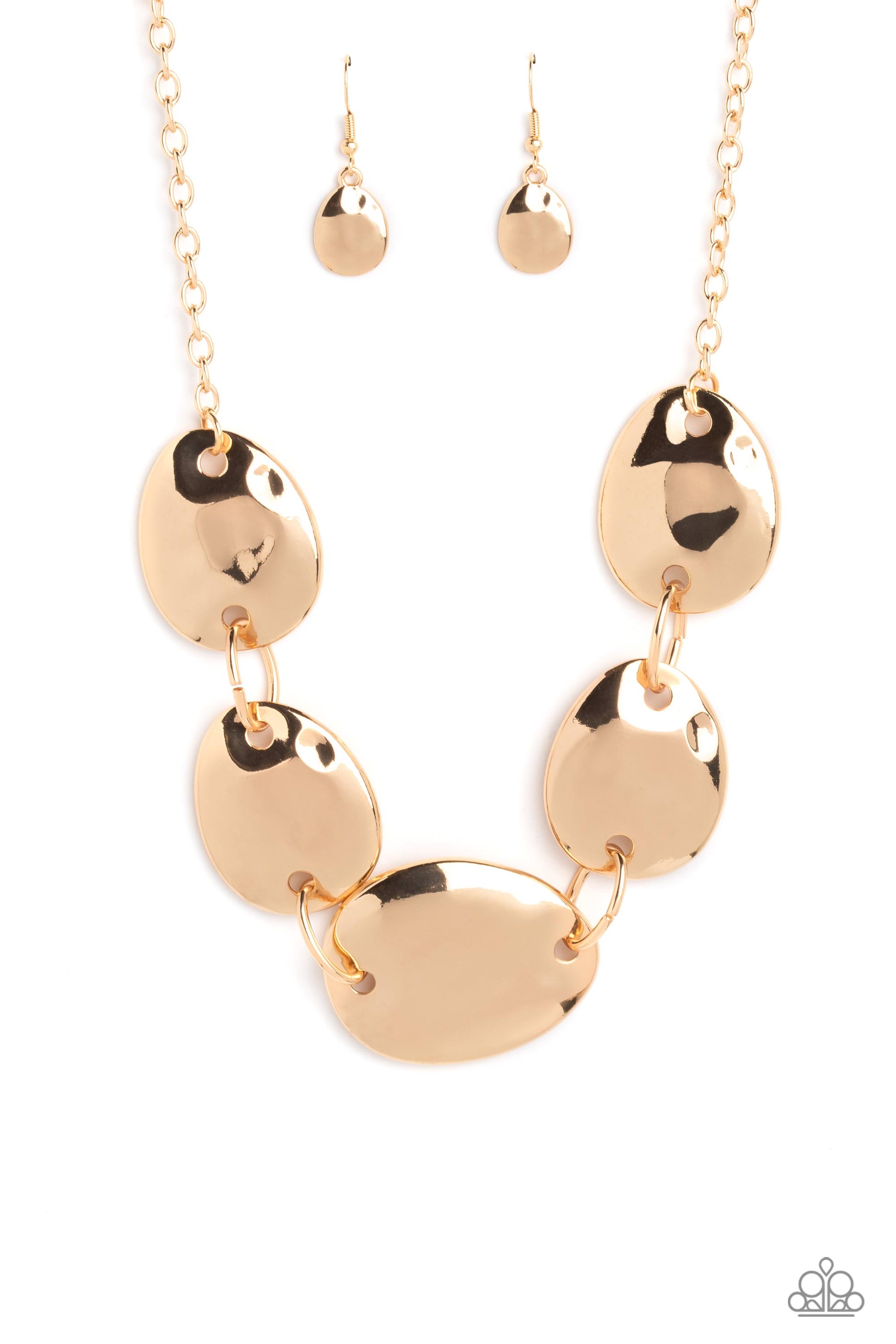 Paparazzi Accessories - That RING You Do - Gold Necklaces oversized, oblong gold discs with a light hammered sheen cascade down the neckline from a classic gold chain. Oversized rings in the same hue link the abstract discs together completing the monochromatic, industrial design. Features an adjustable clasp closure.  Sold as one individual necklace. Includes one pair of matching earrings.