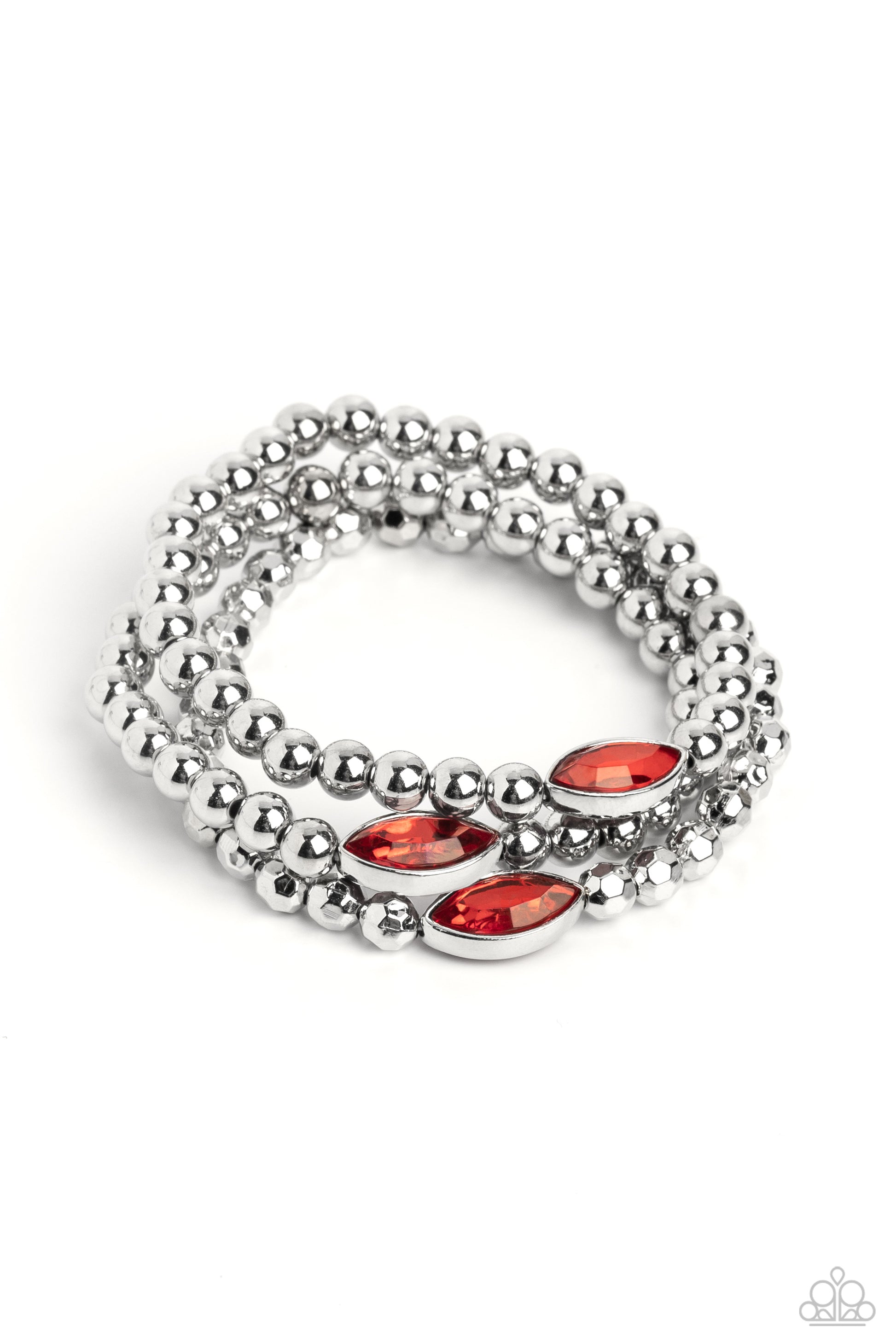 Paparazzi Accessories - Twinkling Team - Red Bracelets featured in the center of a faceted and smooth silver beaded display, a dazzling red, marquise-cut gem pressed in a sleek silver frame wraps around the wrist on elastic stretchy bands for a classy statement.  Sold as one set of three bracelets.