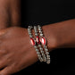 Paparazzi Accessories - Twinkling Team - Red Bracelets featured in the center of a faceted and smooth silver beaded display, a dazzling red, marquise-cut gem pressed in a sleek silver frame wraps around the wrist on elastic stretchy bands for a classy statement.  Sold as one set of three bracelets.