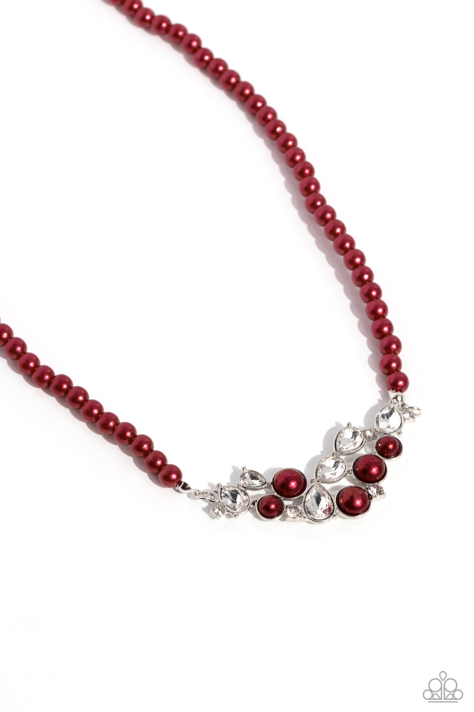 Paparazzi Accessories - Pampered Pearls Red Necklaces a single strand of wine pearls elegantly cascades below the collar to meet a refined collection of wine pearls in varying sizes and white gems pressed in round and teardrop frames for a sparkly finish. Features an adjustable clasp closure.  Sold as one individual necklace. Includes one pair of matching earrings.