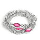 Paparazzi Accessories - Twinkling Team - Pink Bracelets featured in the center of a faceted and smooth silver beaded display, a dazzling Pink Peacock, marquise-cut gem pressed in a sleek silver frame wraps around the wrist on elastic stretchy bands for a classy statement.  Sold as one set of three bracelets.
