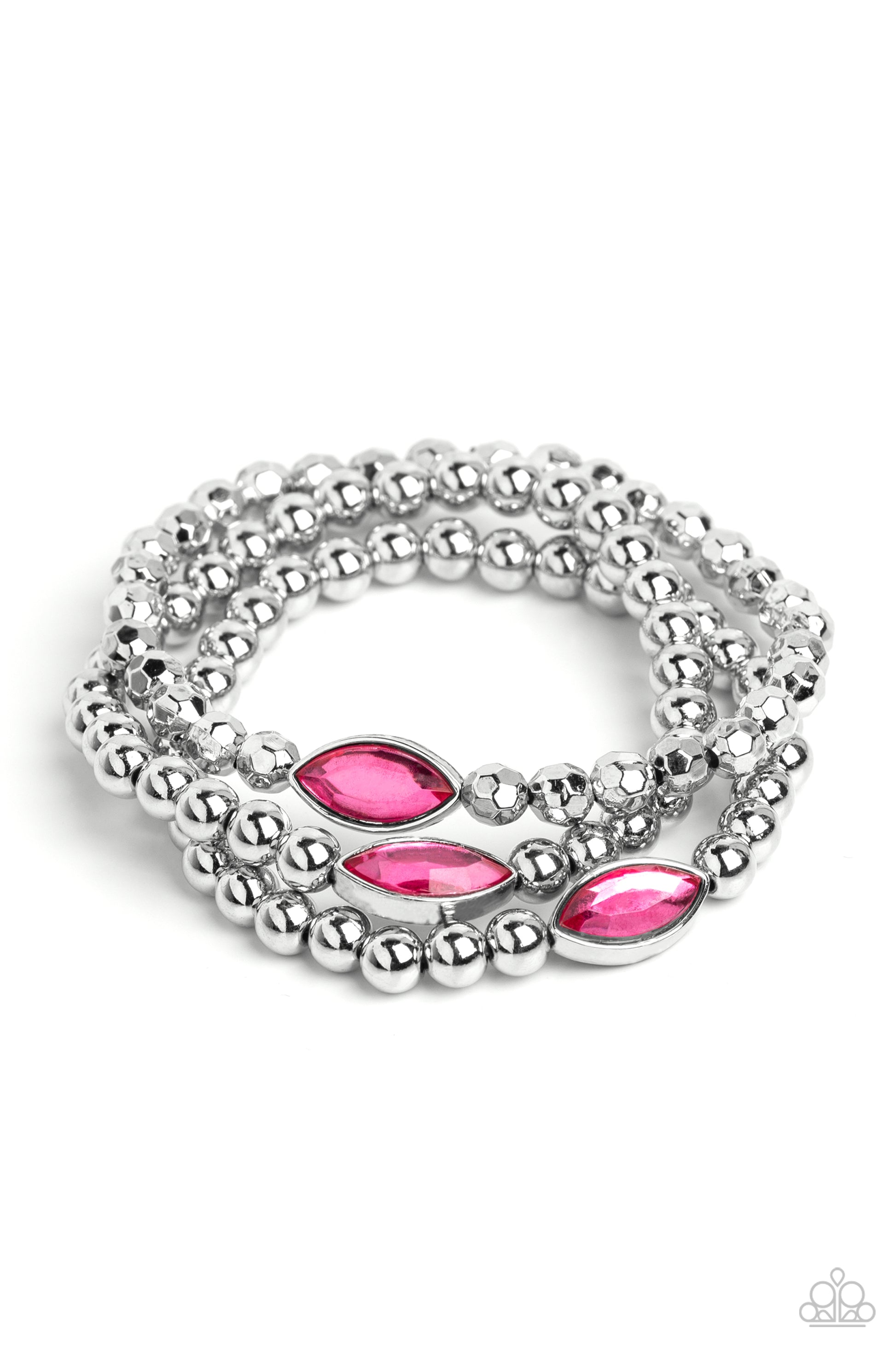 Paparazzi Accessories - Twinkling Team - Pink Bracelets featured in the center of a faceted and smooth silver beaded display, a dazzling Pink Peacock, marquise-cut gem pressed in a sleek silver frame wraps around the wrist on elastic stretchy bands for a classy statement.  Sold as one set of three bracelets.