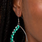 Paparazzi Accessories - Looking Sharp - Green Rhinestone Earrings a sharp collection of reflective green marquise-cut gems embellish and curve up one side of a gritty teardrop frame, creating an edgy embellishment. Creating additional grit to the design, a thick inlay of hammered silver with subtle texture curves just below the gems. Earring attaches to a standard fishhook fitting.  Sold as one pair of earrings.