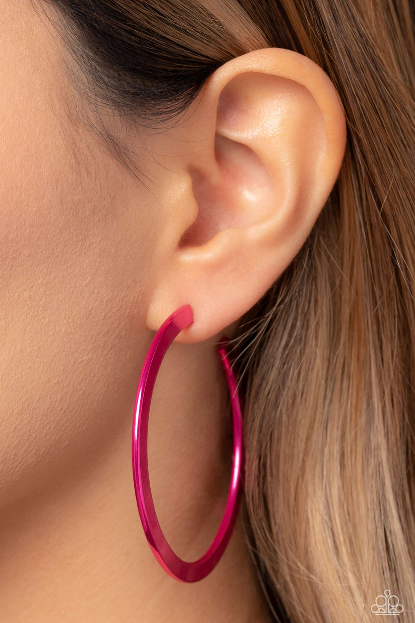 Paparazzi Accessories - Pop HOOP - Pink Earrings a flat, vibrant pink bar curls around the ear, creating an off-the-chart shine. Earring attaches to a standard post fitting. Hoop measures 2 1/4” in diameter.  Sold as one pair of hoop earrings.
