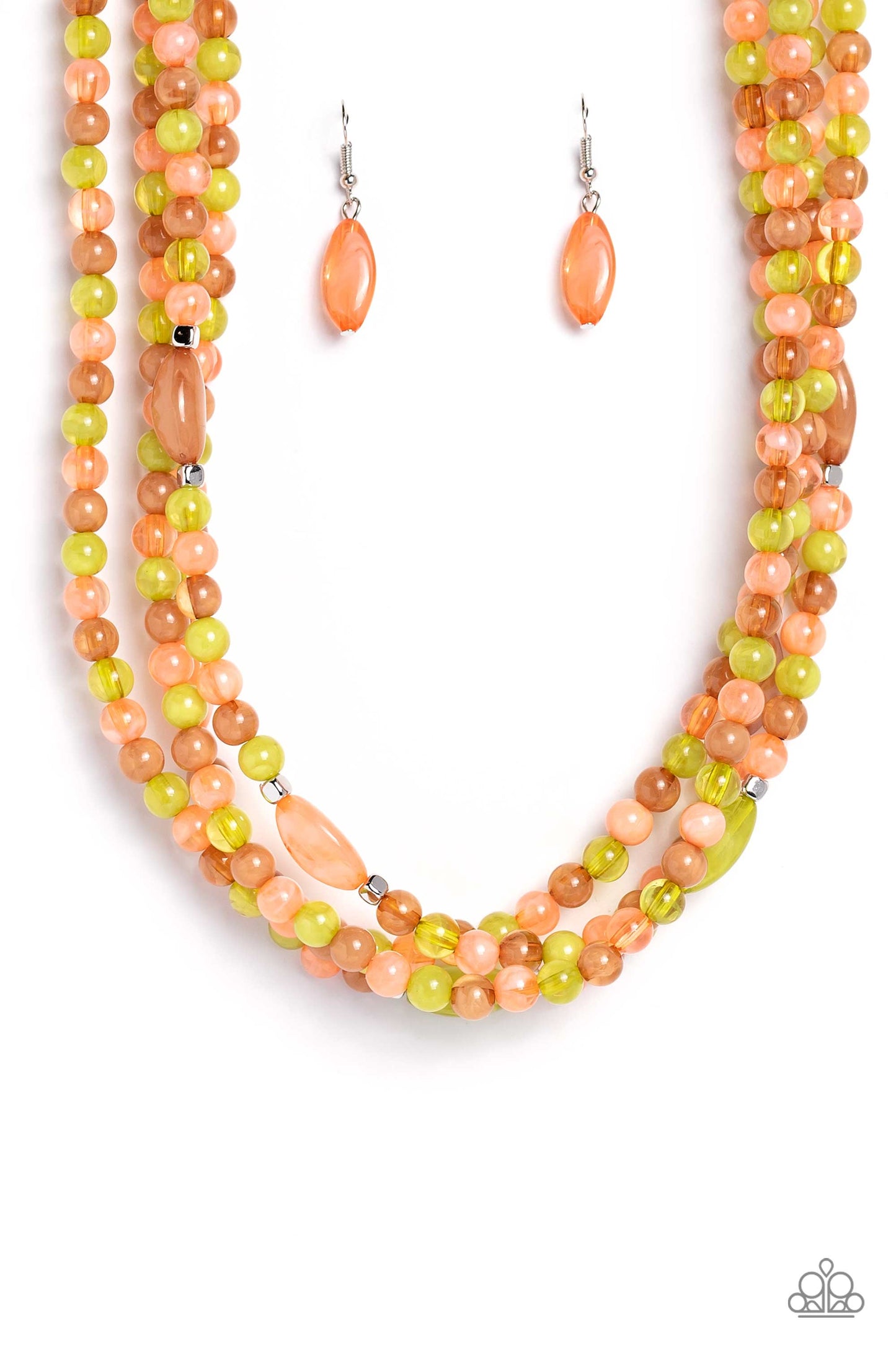 Paparazzi Accessories - Layered Lass - Multi Necklaces varying in shape and color, a collection of milky round and oval Peach Pink, Leek Green, and Macchiato beads are threaded along invisible wires below the collar. Shiny silver cube beads are sprinkled throughout the strands, adding hints of shimmer to the vibrant layers. Features an adjustable clasp closure.   Sold as one individual necklace. Includes one pair of matching earrings.