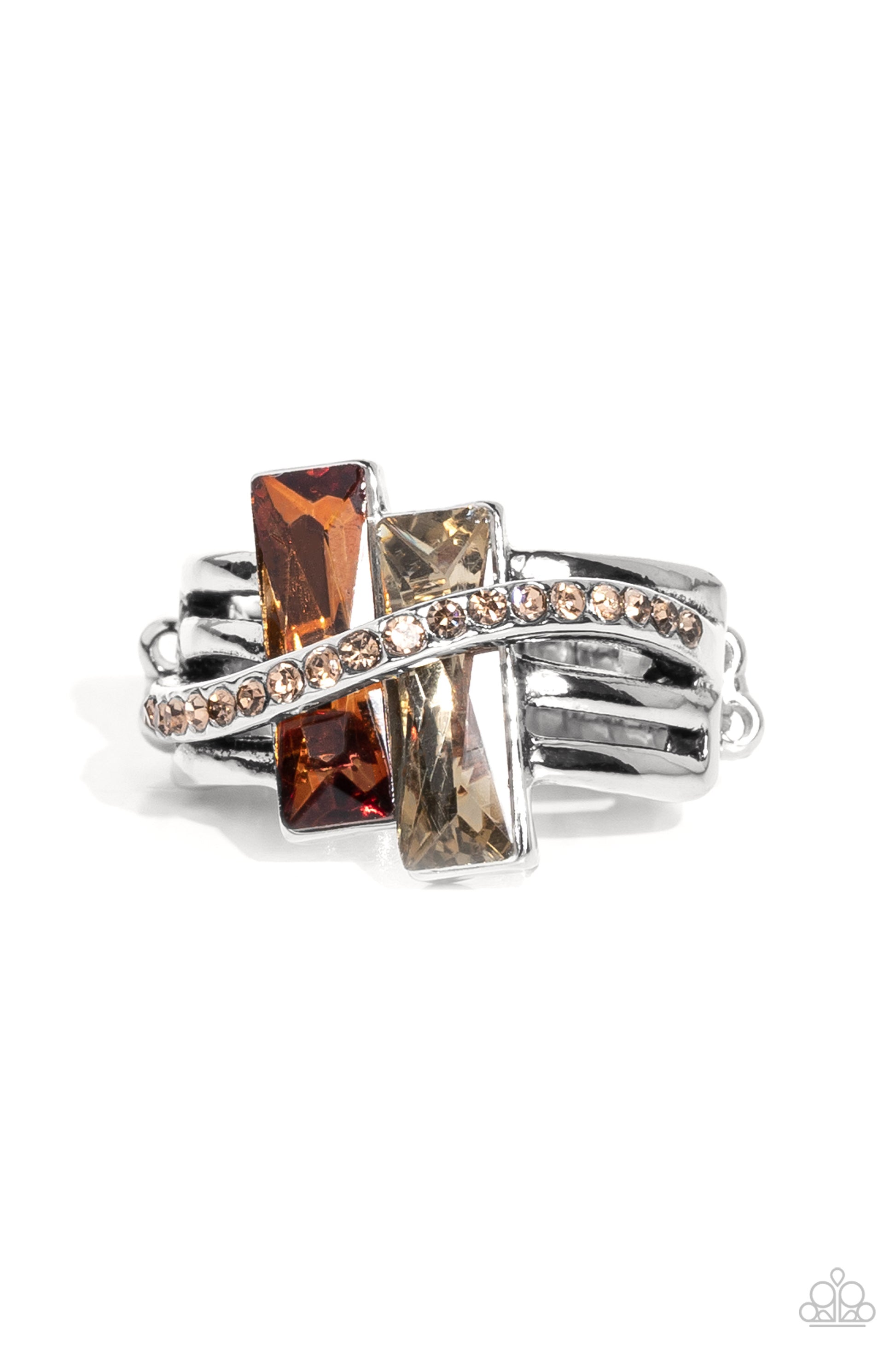 Paparazzi Accessories - Dueling Difference - Brown Ring nestled in the center of three linear silver bars, two emerald-cut bars, one a glassy topaz gem, the other a glassy light-colored topaz gem, slant across the finger for a gritty display. A thin bar of silver, encrusted with dainty light-colored topaz rhinestones, curves up and over the slanted emerald-cut bars for additional shimmer and structure atop the finger. Features a dainty stretchy band for a flexible fit. Sold as one individual ring.