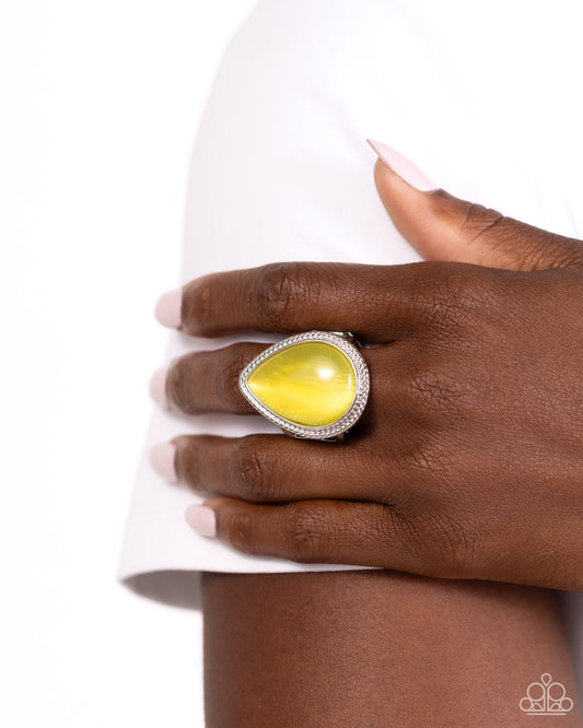 Paparazzi Accessories - The Rain in MAINE - Yellow Rings encased in a layered silver frame of smooth rope-like texture, an oversized yellow cat's eye teardrop shines amongst airy bands of silver, creating a dramatic display of color atop the finger. Features a stretchy band for a flexible fit.  Sold as one individual ring.
