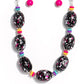 Paparazzi Accessories - No Laughing SPLATTER - Pink Necklaces featuring a hot pink, white, and silver paint splatter, oversized black beads loop around the collar from a classic silver link chain. Silver floral fittings and small discs in shades of hot pink, yellow, turquoise, and purple separate the splattered beads for additional whimsy and zest. Features an adjustable clasp closure.  Sold as one individual necklace. Includes one pair of matching earrings.