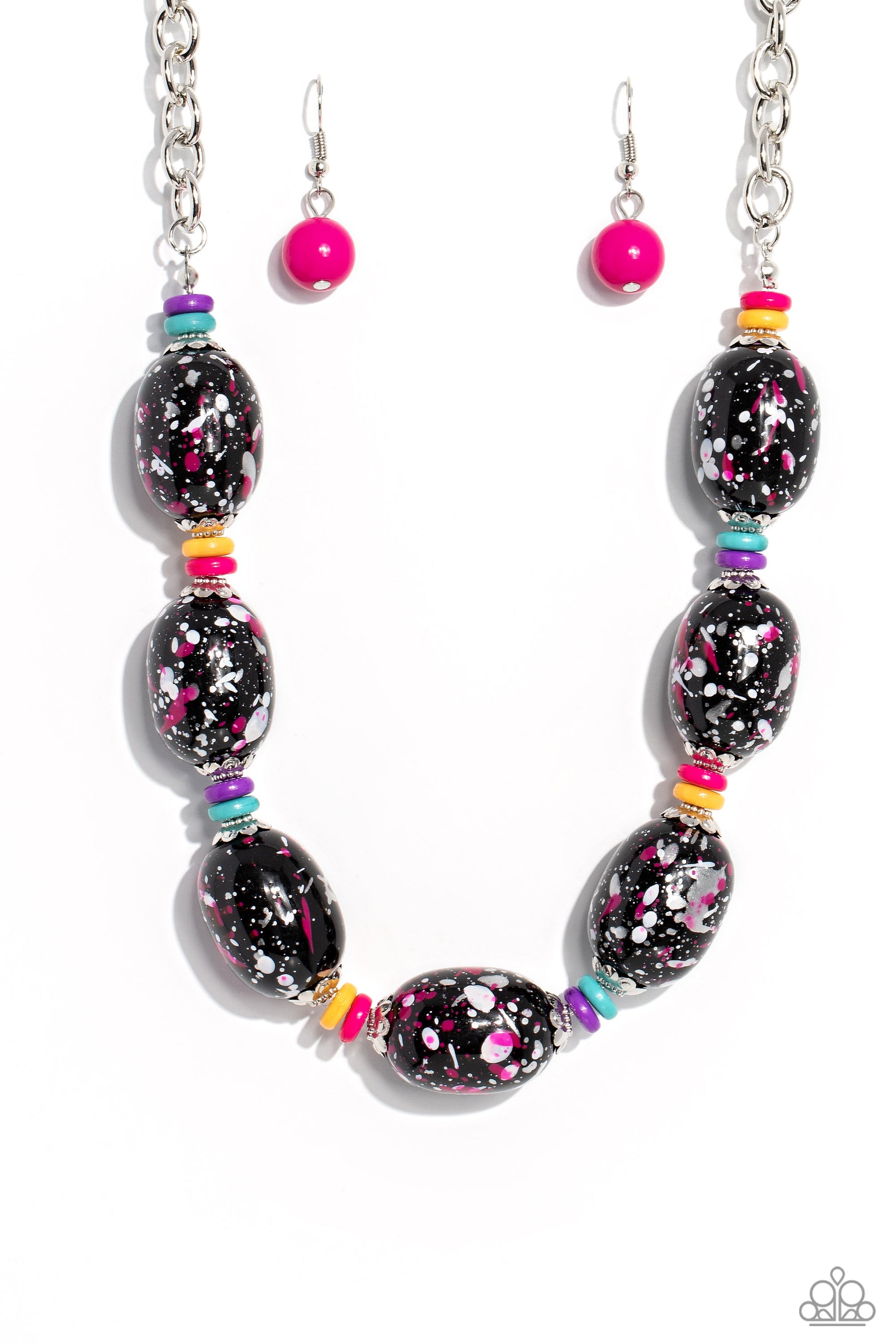 Paparazzi Accessories - No Laughing SPLATTER - Pink Necklaces featuring a hot pink, white, and silver paint splatter, oversized black beads loop around the collar from a classic silver link chain. Silver floral fittings and small discs in shades of hot pink, yellow, turquoise, and purple separate the splattered beads for additional whimsy and zest. Features an adjustable clasp closure.  Sold as one individual necklace. Includes one pair of matching earrings.