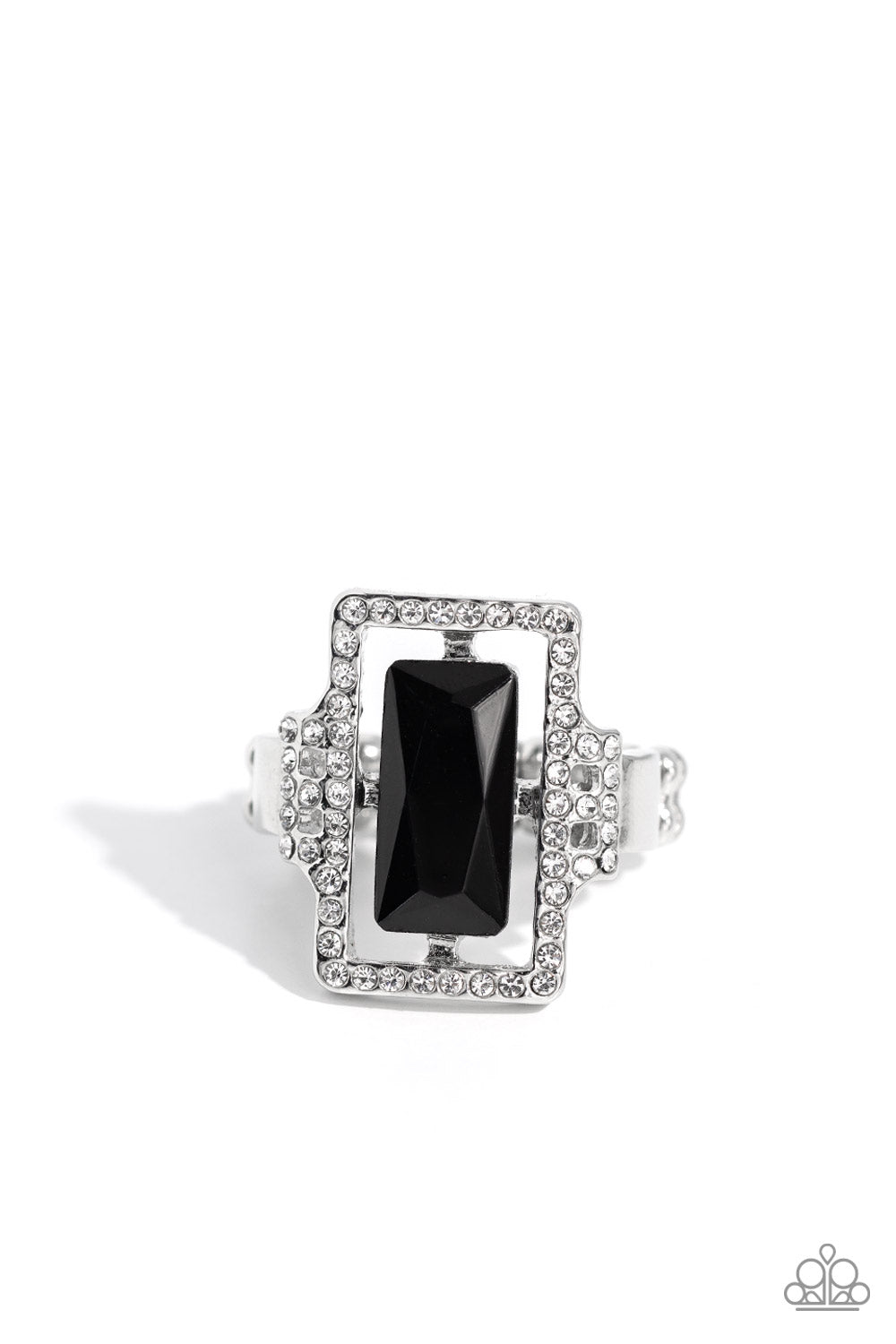 <p data-mce-fragment="1">Black Rings featuring a regal emerald-style cut, a faceted black gem is nestled and pronged inside an airy silver frame encrusted in rows of dainty glassy white rhinestones for a blinding look. Features a dainty stretchy band for a flexible fit.</p> <p data-mce-fragment="1"><i data-mce-fragment="1">Sold as one individual ring.</i></p>