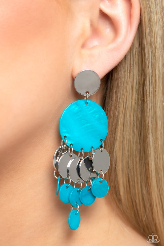 Paparazzi Accessories - SHELL of the Ball - Blue Earrings cascading from a shiny silver disc, a vibrant collection of blue shells in varying sizes and shiny silver discs alternate down the ear, creating a beachy fringe. Earring attaches to a standard post fitting.