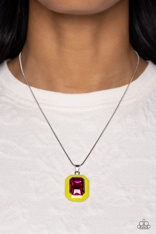 Paparazzi Accessories - Emerald Energy - Multi Necklace an oversized, fuchsia emerald-cut gem is bordered by a frame of neon Love Bird, creating a bright pendant that swings from the bottom of a silver snake chain. Features an adjustable clasp closure.  Sold as one individual necklace. Includes one pair of matching earrings.