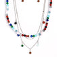 Paparazzi Accessories - BEAD All About It - Multi Necklaces a strand of multicolored stone beads is paired with two strands of classic silver chain, creating effortless layers along the neckline. One of the silver chains is dotted with sections of flattened silver bars, while the other is adorned with a sampling of colorful stone beading that infuses the design with playful movement. Features an adjustable clasp closure.  Sold as one individual necklace. Includes one pair of matching earrings.