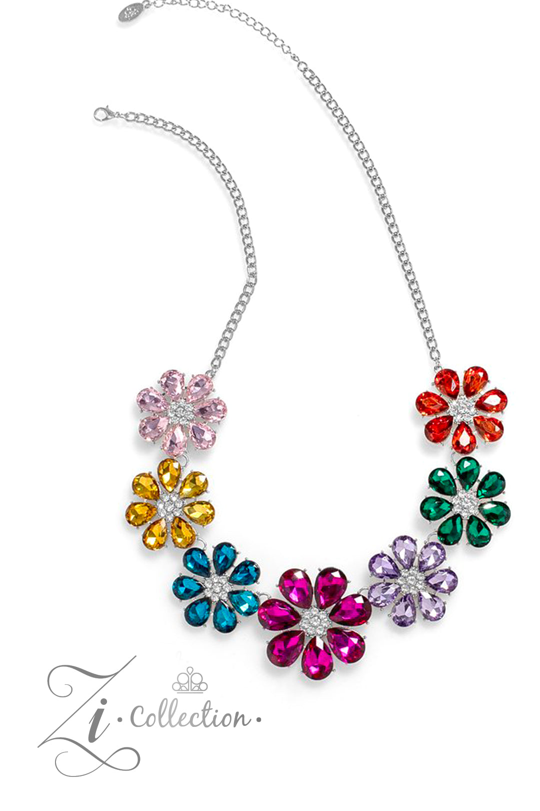 <p data-mce-fragment="1">Colorful teardrop-shaped petals fan out around clusters of corrugated sparkle, blossoming into an enchanted kaleidoscope. The faceted surfaces of each petal add texture and depth, allowing the floral frames to pop with 3D detail and further highlight the spectrum of color at play. Features an adjustable clasp closure.</p> <p data-mce-fragment="1"><i data-mce-fragment="1">Sold as one individual necklace. Includes one pair of matching earrings.</i></p>