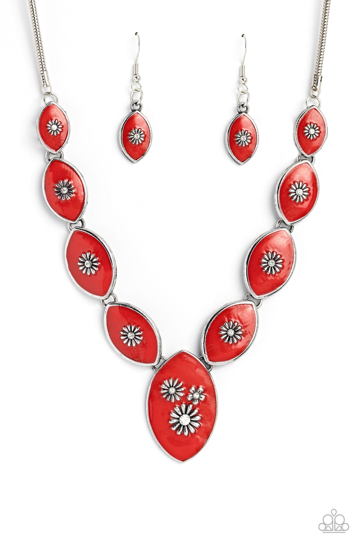 Paparazzi Accessories - Pressed Flowers - Red Necklaces featuring vibrant red paint, a collection of silver marquise-shaped frames gradually increase in size as they taper below the collar in a timeless fashion on a silver snake chain. Each frame is embossed with a delicate silver flower with a white rhinestone center, with the centermost pendant featuring three flowers, creating a glamorous array of whimsicality. Features an adjustable clasp closure.