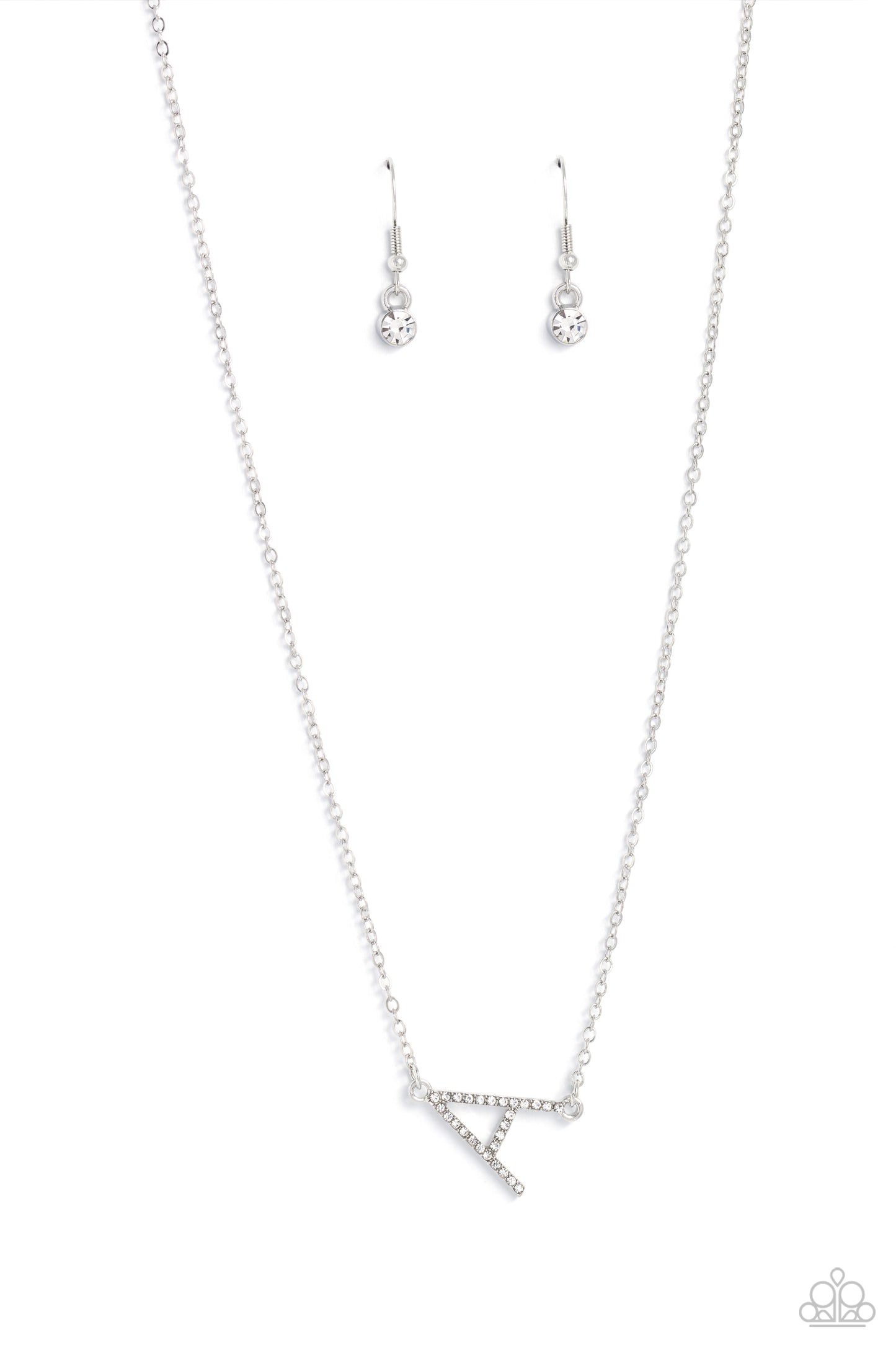 Embossed with dainty white rhinestones, a silver letter "A" hovers below the collar from a dainty silver chain, for a sentimentally simple design. Features an adjustable clasp closure.  Sold as one individual necklace. Includes one pair of matching earrings.